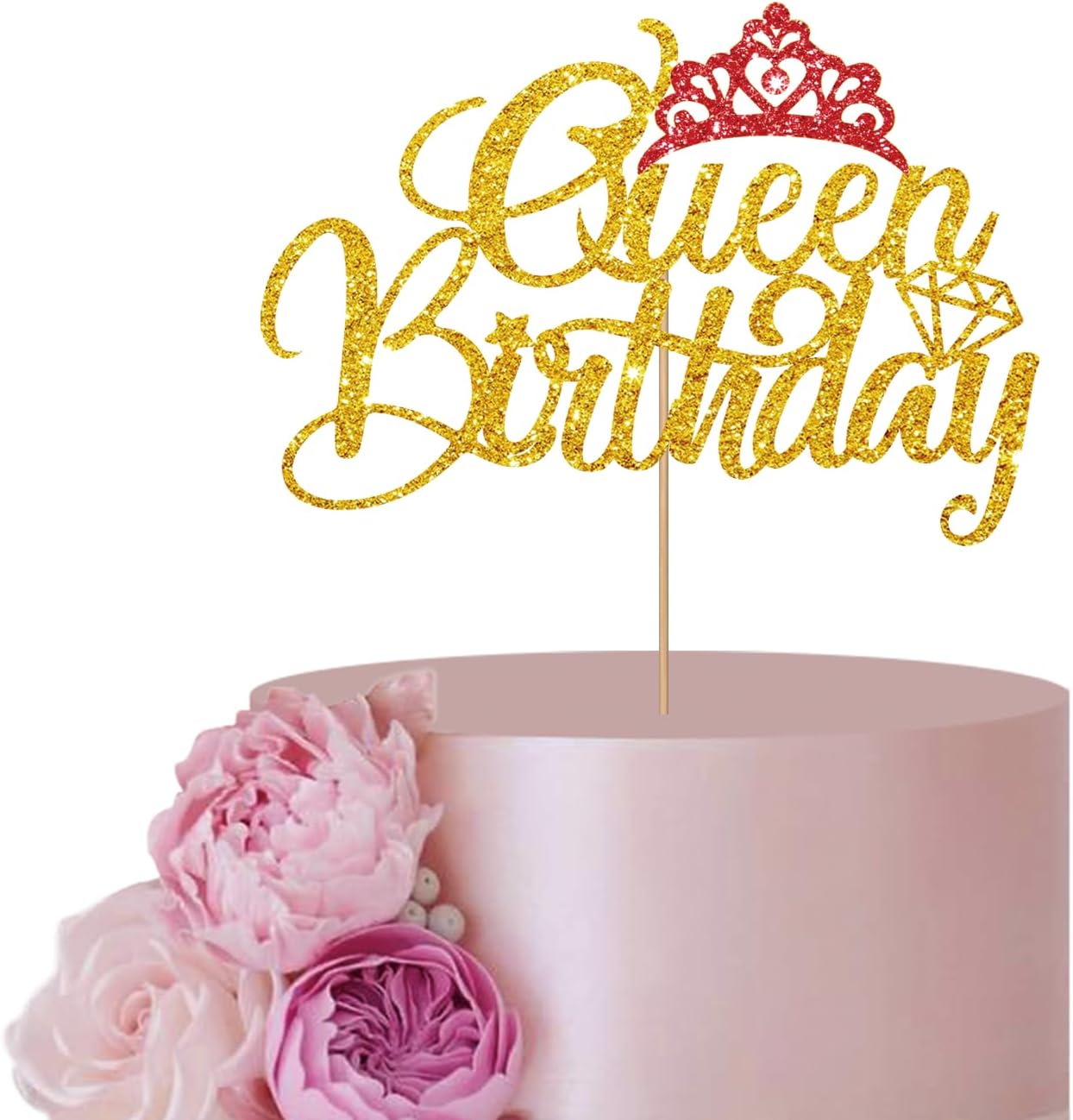Decoración de pastel de cumpleaños Gold Queen para mujer, decoración de fiesta de cumpleaños, decoración de corona con purpurina roja, decoración de