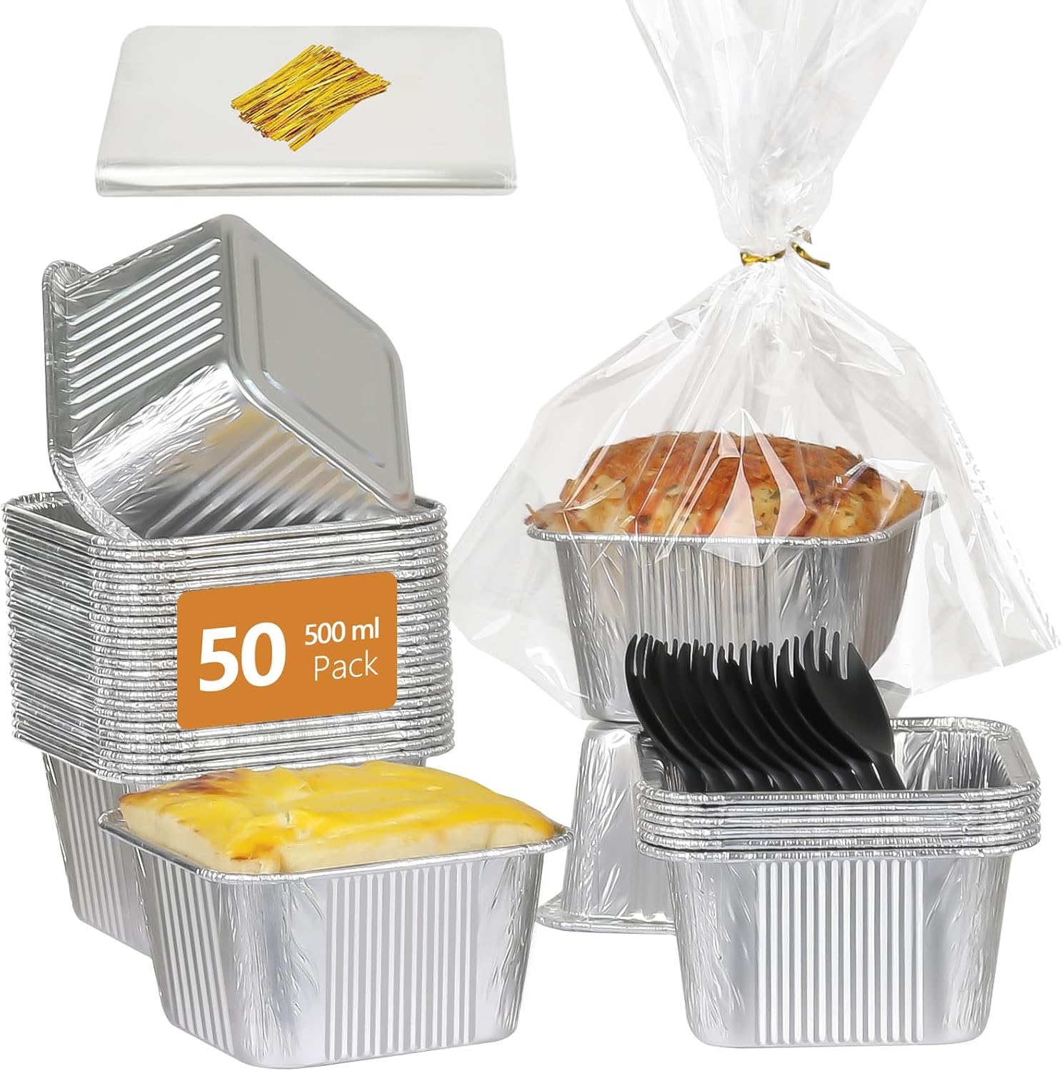 LNYZQUS Paquete de 50 moldes pequeños de papel de aluminio, mini latas de 1 libra para tartas de 4 pulgadas, recipientes de pan, recipientes de pan,