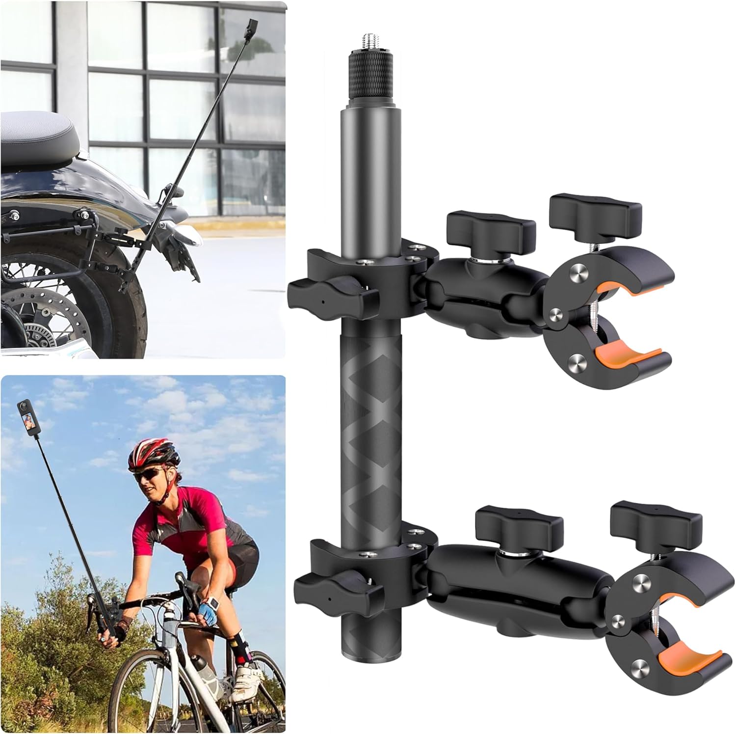 Soporte de manillar de motocicleta para Insta360, soporte de doble abrazadera con palo selfie de 46.5 in para Insta360 X3 X2 X ONE RS R, perfecto