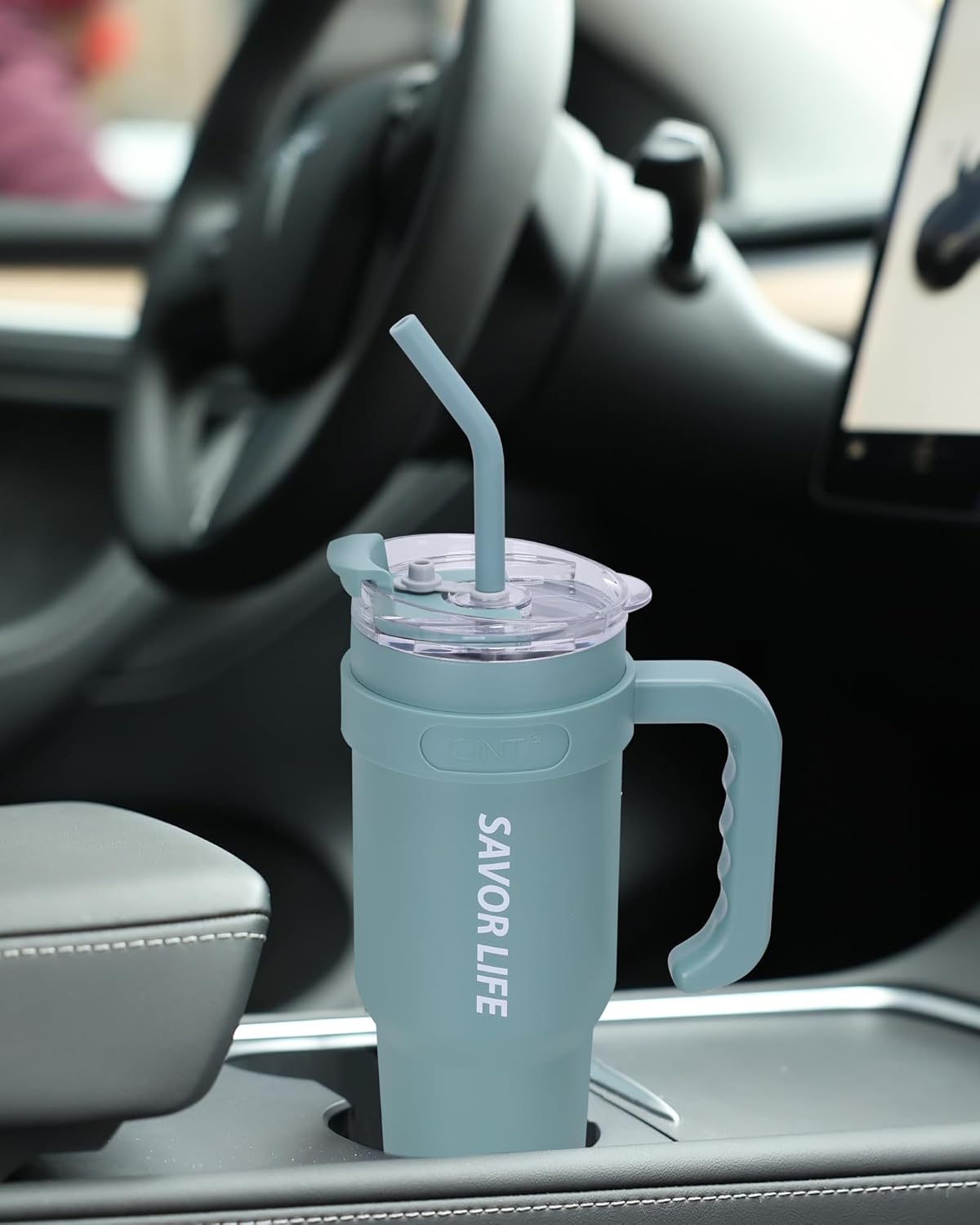 GiNT Vaso de 40 oz con asa, vaso aislado de acero inoxidable con tapa y pajilla, doble vacío a prueba de fugas, taza de café de viaje, color verde