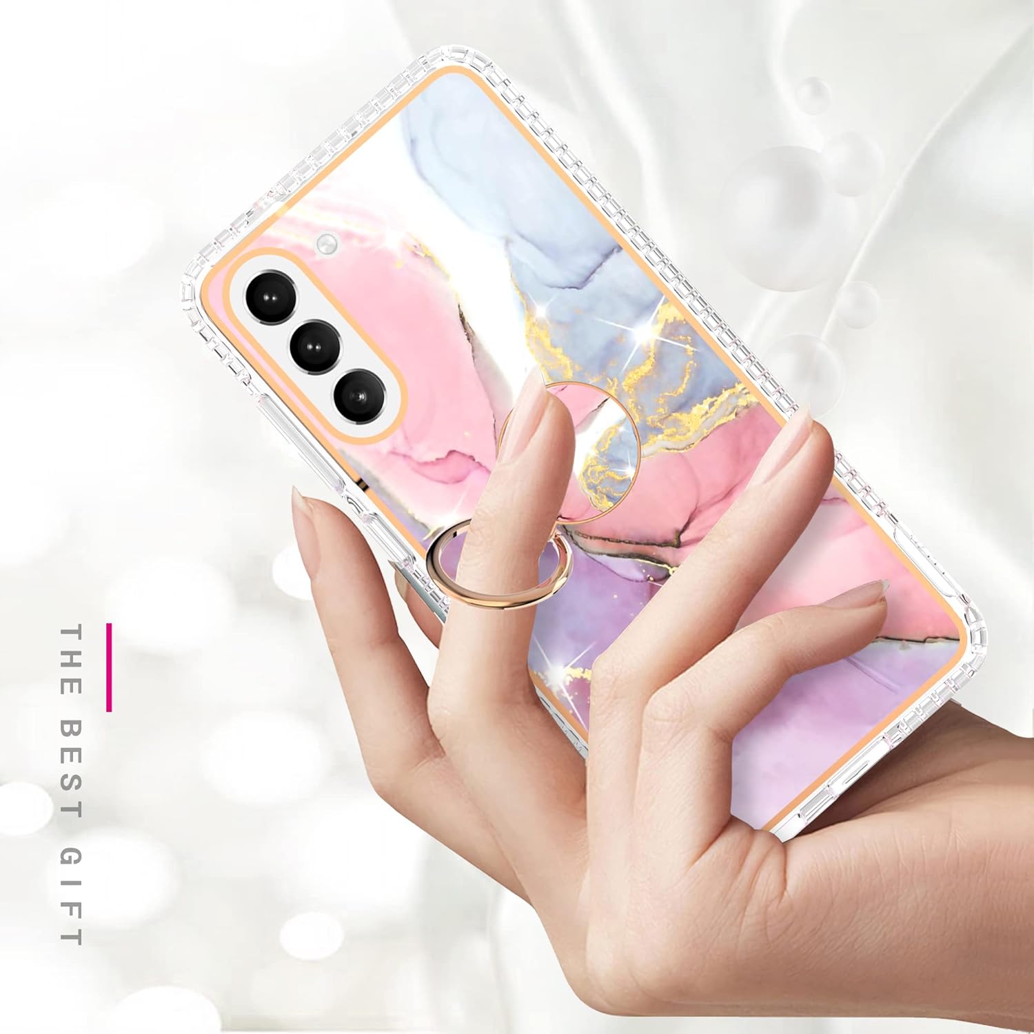 Asuwish Funda de teléfono para Samsung Galaxy S21 FE 5G con protector de pantalla y soporte para anillo de mármol, a prueba de golpes, silicona TPU,