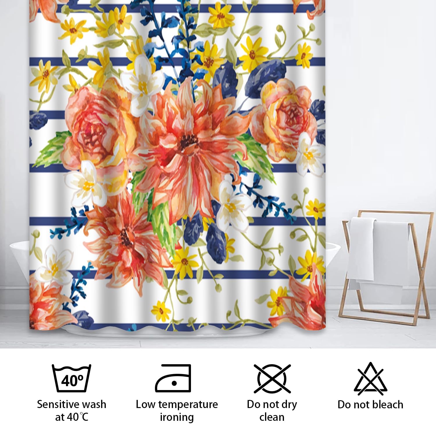 GALMAXS7 Blue Green Shower Curtain,Red Orange and Yellow Flowers Blue Leaves Floral Striped White Shower Curtains for Bathroom with 12 Hooks,72 x 72