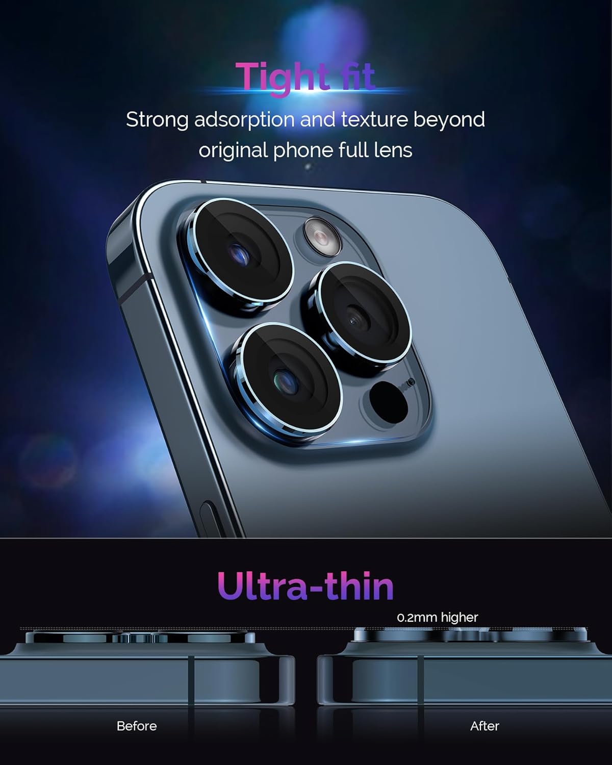Protector de lente de cámara de diseño para iPhone 15 ProiPhone 15 Pro Max, cobertura completa, disparo nocturno HD, vidrio templado 9H, cubierta de