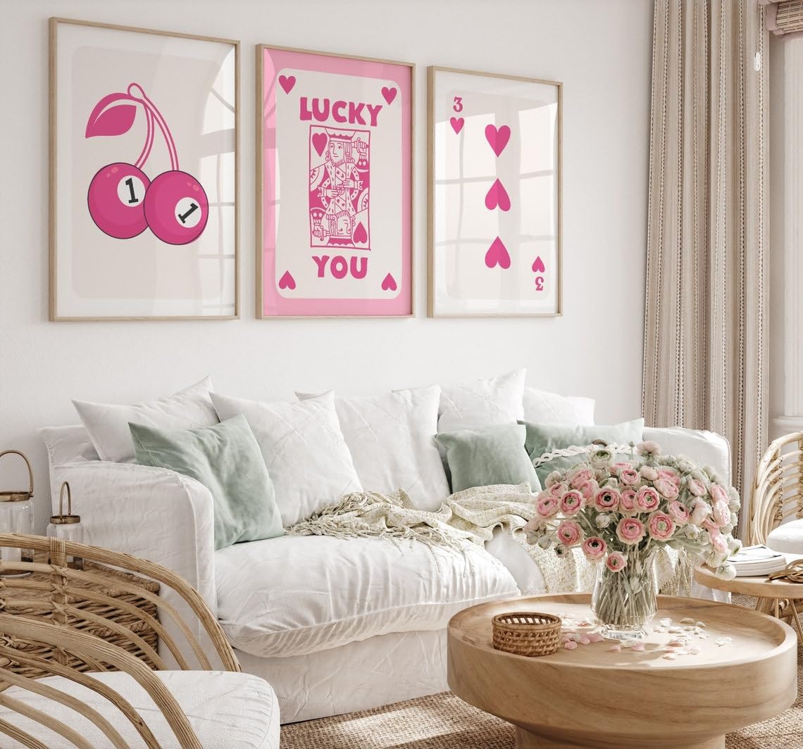 Arte de pared retro de la tarjeta de Ace de moda, póster de tarjeta de Ace rosa, arte de pared de galería, juego de 3 arte de pared de póquer