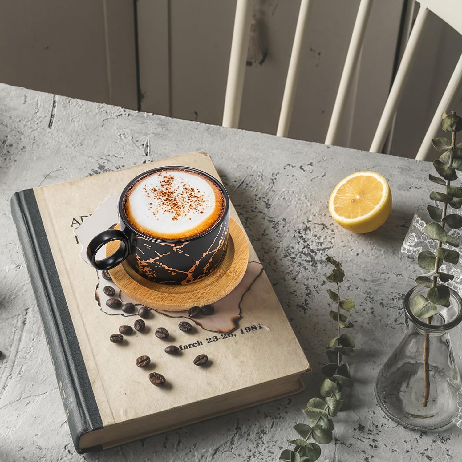 Peohud Juego de 4 tazas de café expreso con soporte de metal, 6 onzas apilables de capuchino con platillos, tazas de café demitasse de porcelana