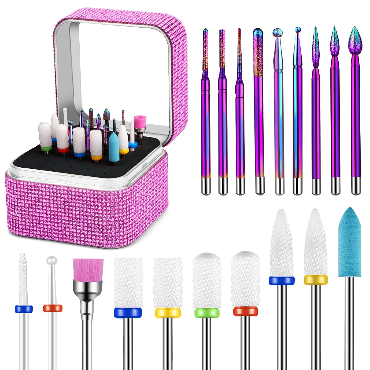Juego de 19 brocas de uñas con caja de almacenamiento, brocas de carburo de diamante de cerámica de tungsteno de 332 pulgadas para uñas acrílicas,