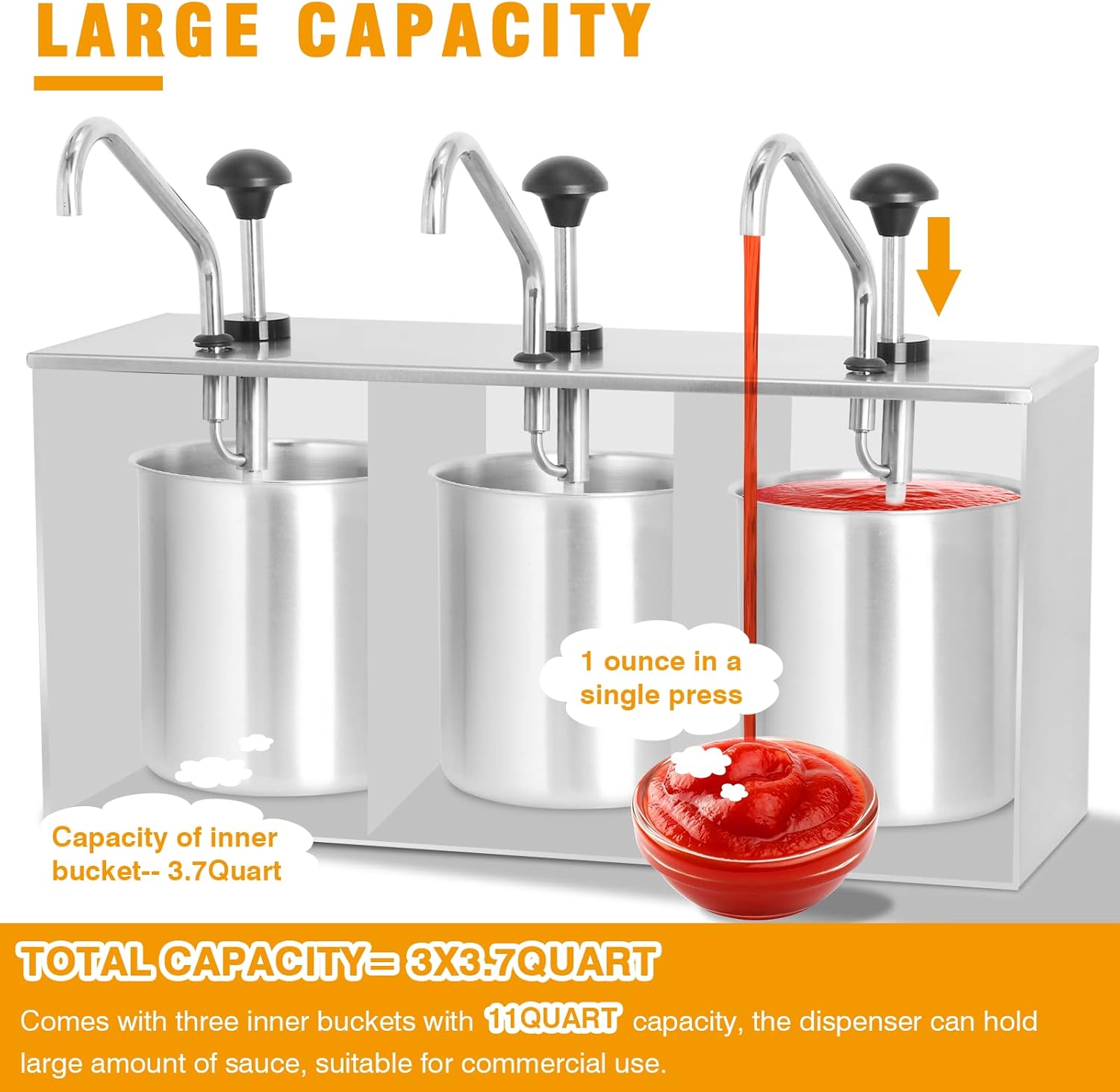 Dispensador de bomba de condimentos de acero inoxidable de 11 cuartos de galón, estación de bomba de condimentos con 3 cubos de 3.7 cuartos de