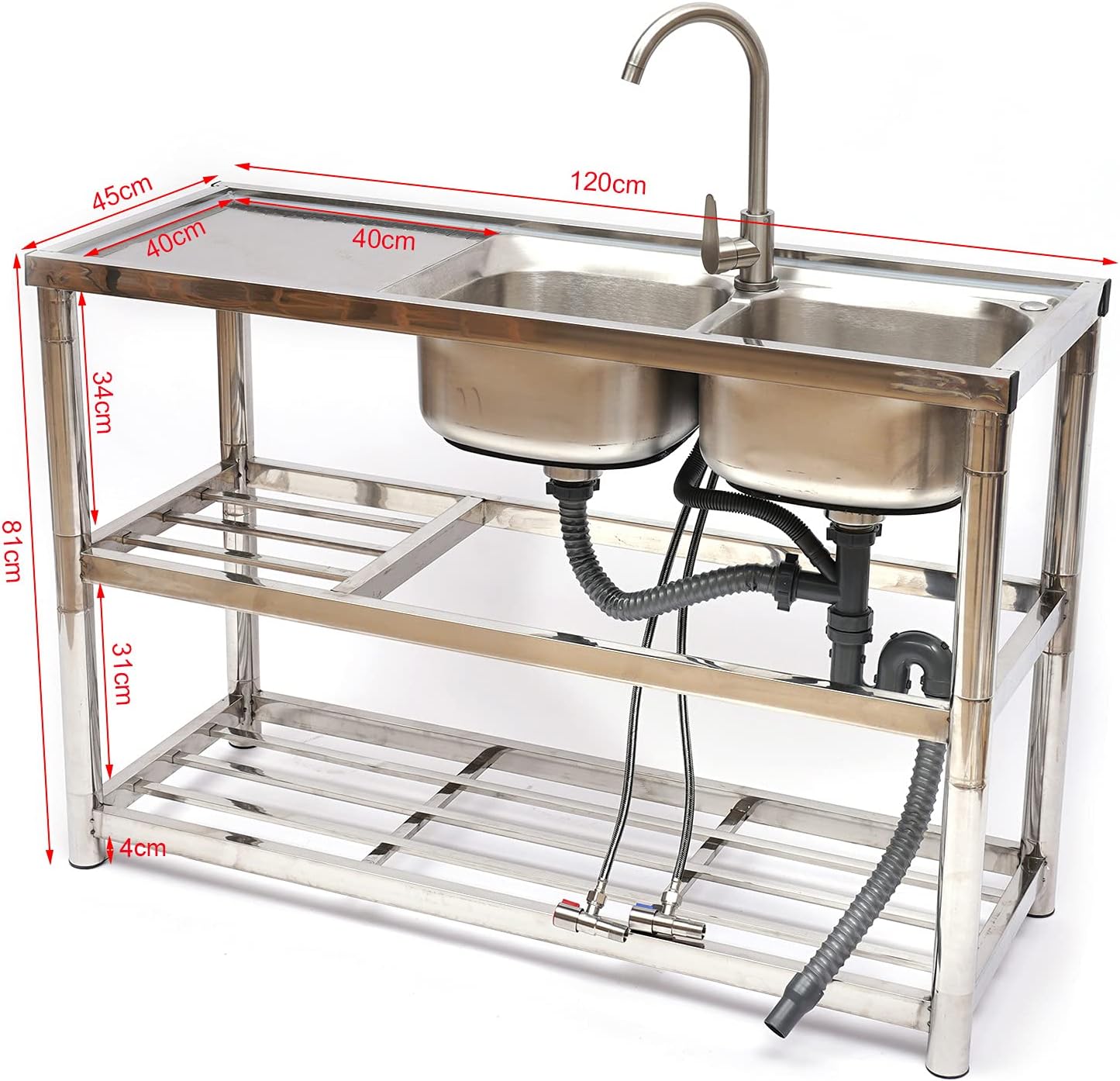 Fregadero de cocina comercial, fregadero de acero inoxidable de 2 compartimentos, fregadero de restaurante independiente, mesa de preparación de