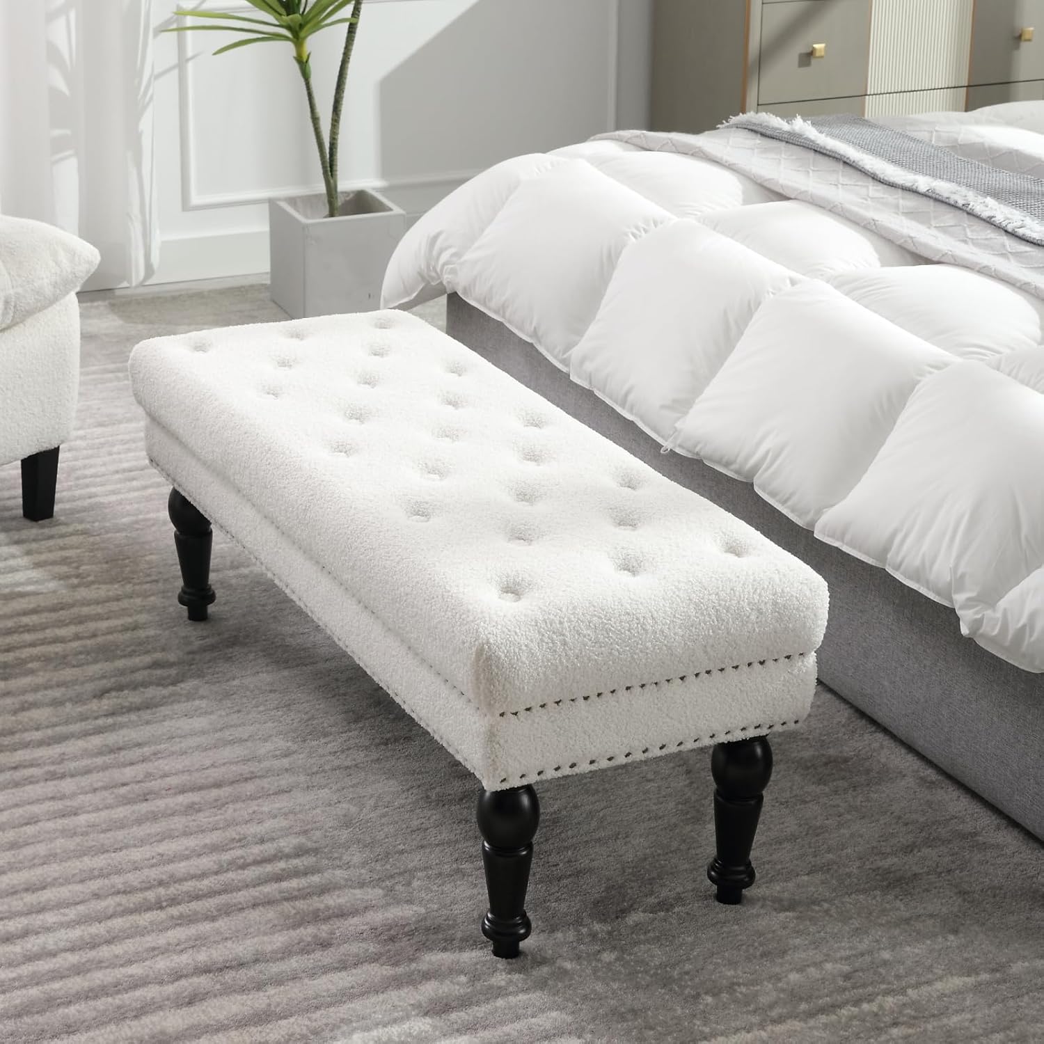 LukeAlon Banco de comedor vintage de sherpa, banco de comedor tapizado con cabeza de clavos, banco auxiliar rectangular con patas de madera maciza,
