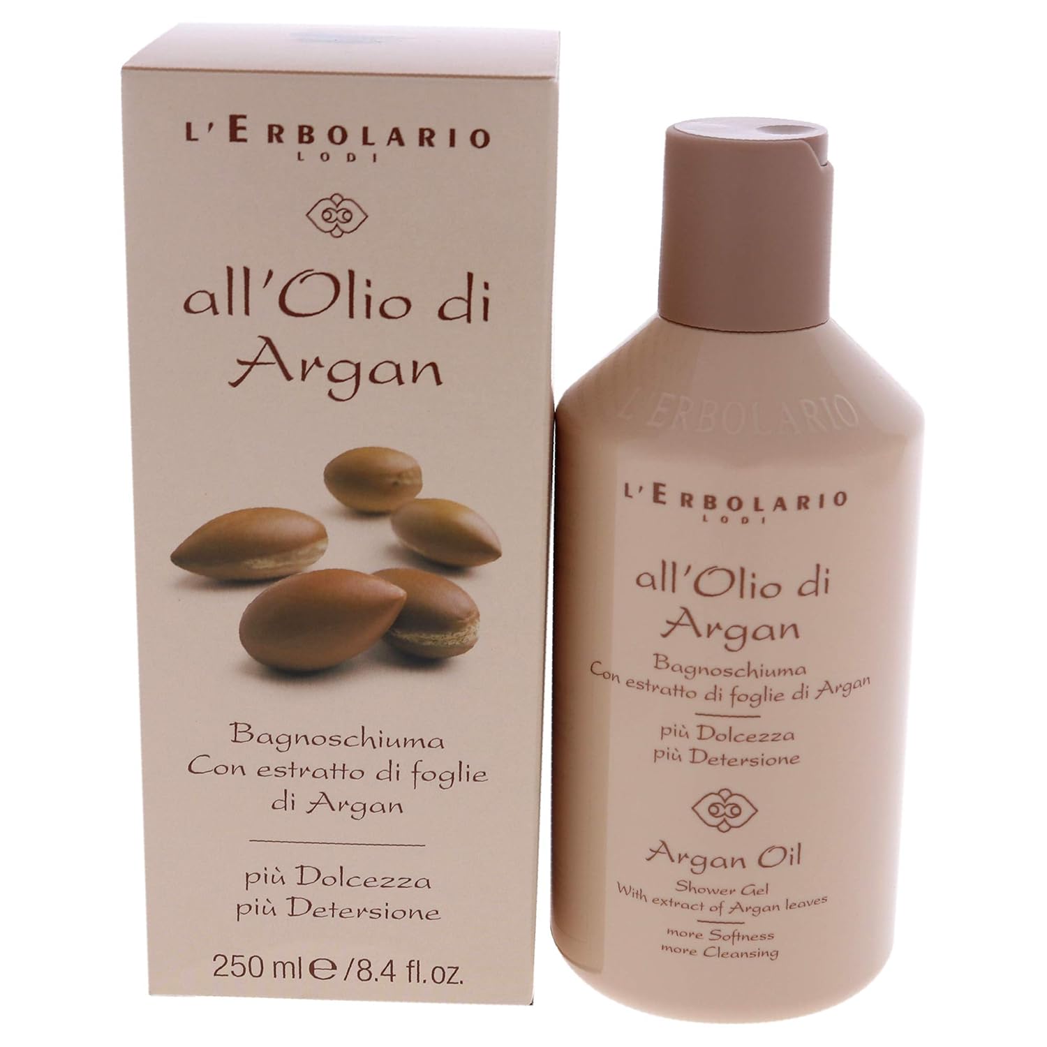 L’Erbolario Gel de ducha de aceite de argán, limpiador cremoso, suave, deja la piel con suavidad sedosa y un tono fresco, trata la piel más seca,