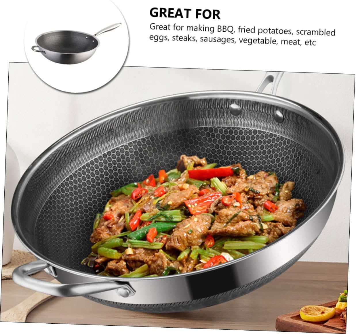 HAKIDZEL Wok de acero inoxidable antiadherente Sartén antiadherente utensilios de cocina antiadherentes Sartén de acero inoxidable Utensilios de