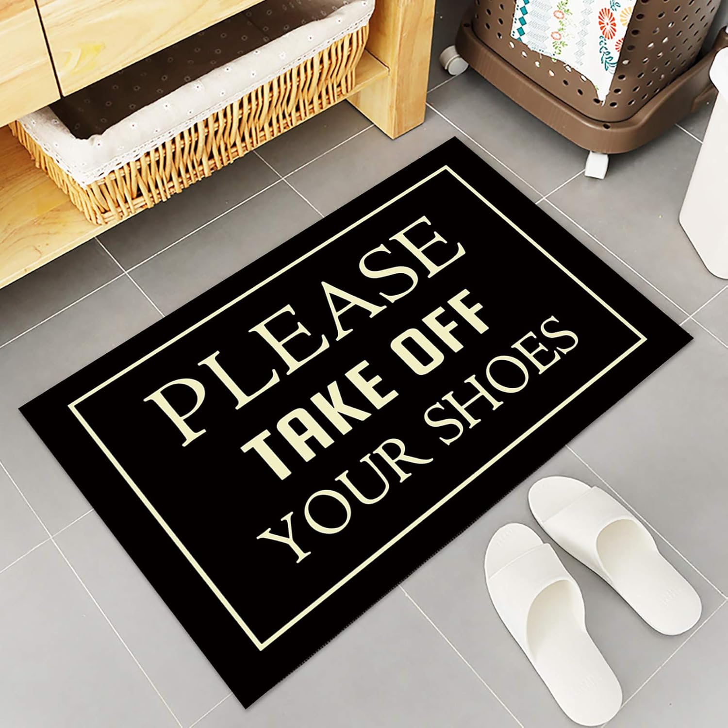 Tapete para puerta de entrada, con citas divertidas, decoración de perfil bajo, por favor, quítate tus zapatos, alfombra antideslizante con fieltro