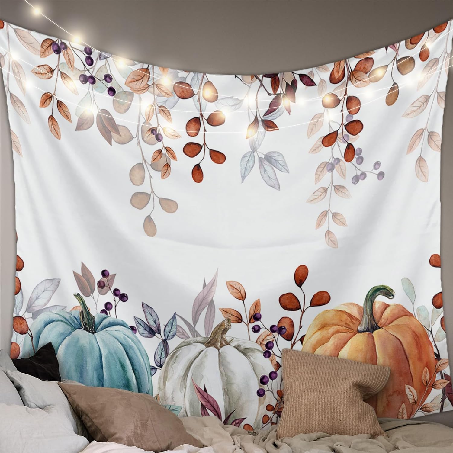 Tapiz de otoño para colgar en la pared, tapiz de hojas de arce de otoño, tapiz estético de cosecha de calabazas, tapiz para dormitorio, sala de