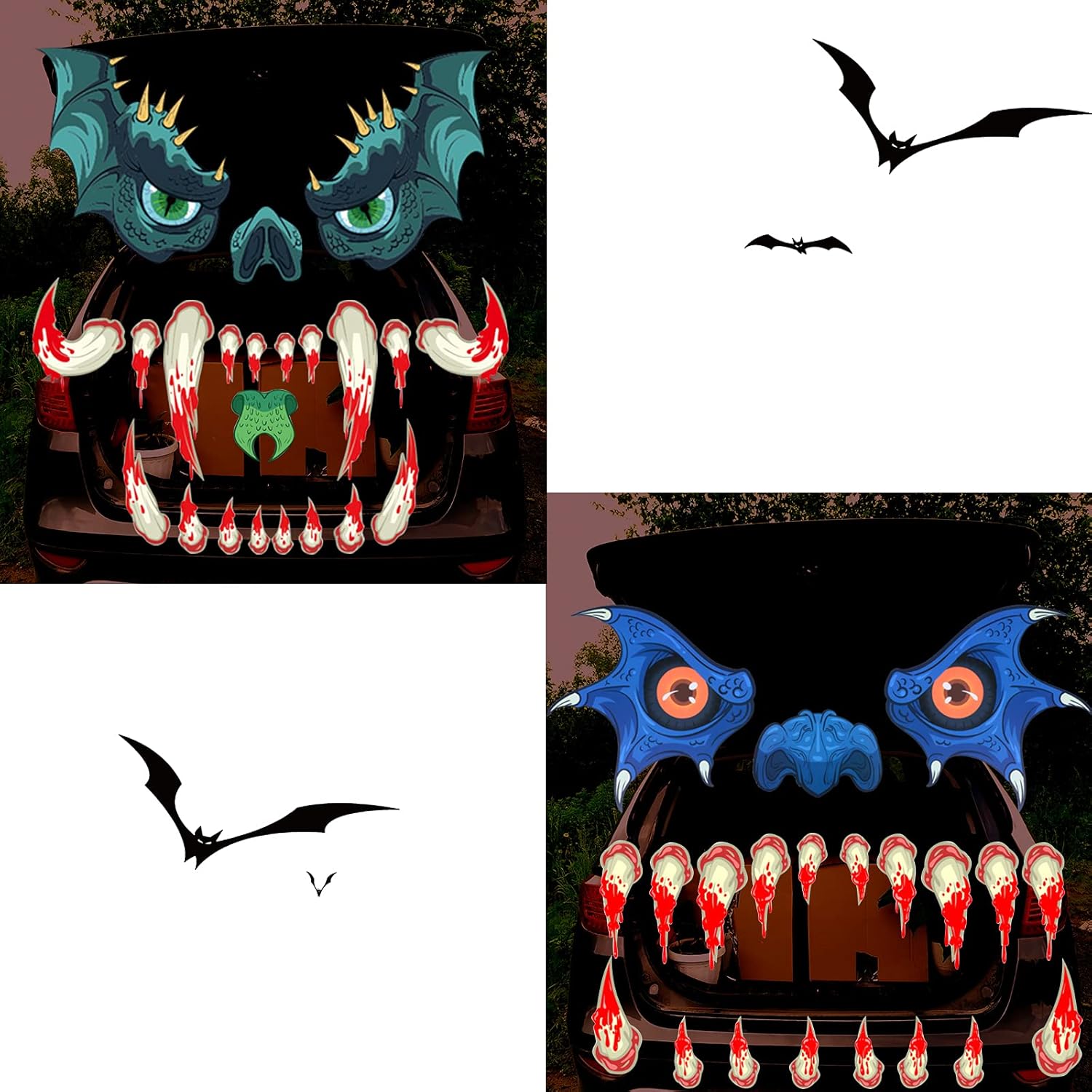 Zonon Juego de 2 piezas de decoración de Halloween para maletero o golosinas para automóvil, cara con ojos, colmillos y orejas, tamaño grande,