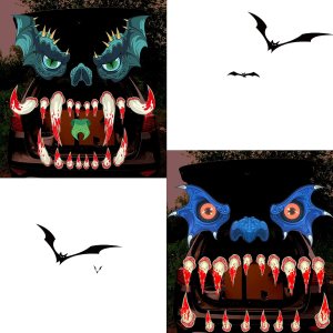 Zonon Juego de 2 piezas de decoración de Halloween para maletero o golosinas para automóvil, cara con ojos, colmillos y orejas, tamaño grande, Zonon Juego de 2 piezas de decoración de Halloween para maletero o golosinas para automóvil, cara con ojos, colmillos y orejas, tamaño grande,