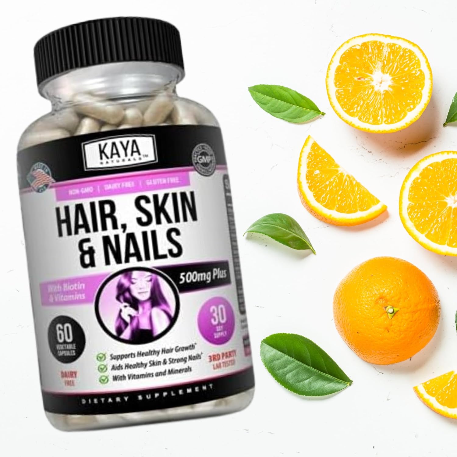 Kaya Naturals Cápsulas de uñas BIOTIN Vitamina D Vitamina B-12 A Apoyo de ácido fólico, Suplemento vitamínico de apoyo para el cabello