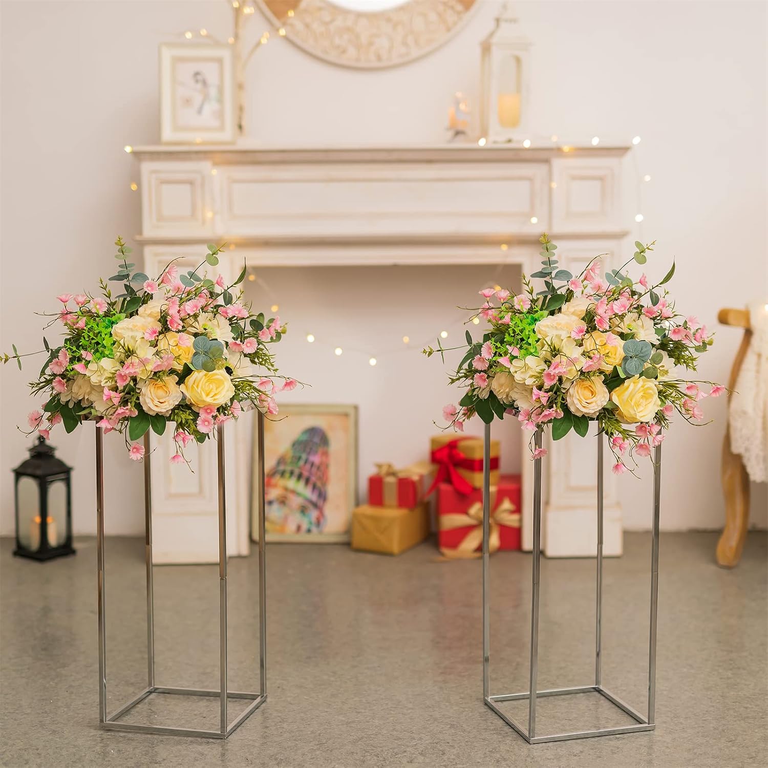 Sziqiqi Jarrón de centros de mesa de boda para mesas con platos, 2 piezas de columna de metal, soporte geométrico de flores de 23.6 pulgadas,
