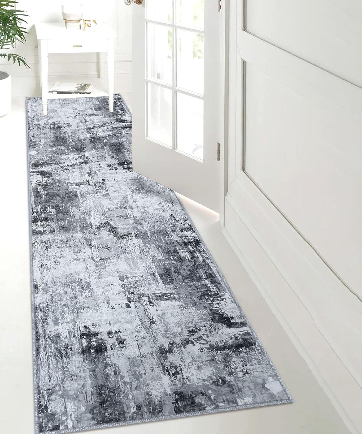 KOZYFLY Alfombra abstracta moderna para pasillo de 2 x 8 pulgadas, color gris, antideslizante, lavable, alfombra de pasillo de lavandería, alfombra