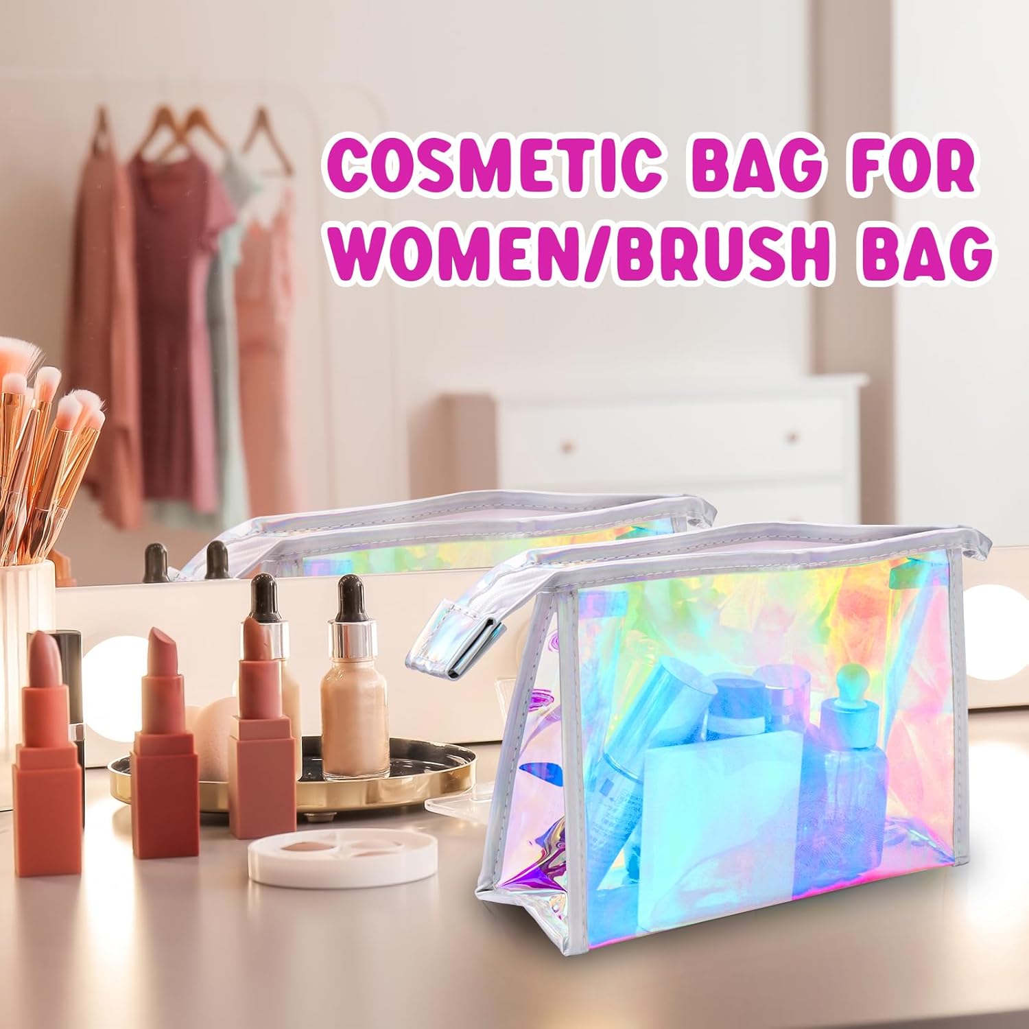 Paquete de 2 y 10 bolsas de maquillaje holográficas a granel, bolsa iridiscente, bolsas portátiles con cremallera, bolsa de cosméticos de viaje,