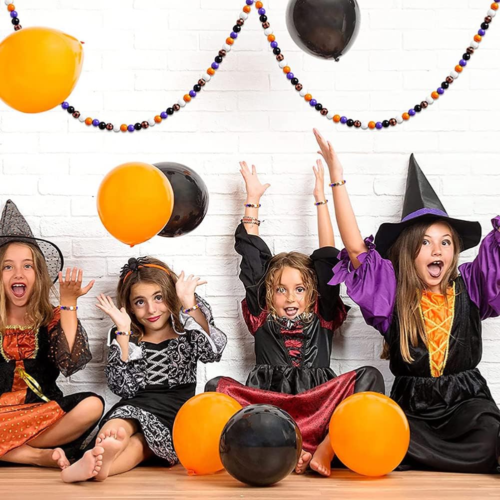 150 cuentas redondas de madera de Halloween, cuentas coloridas a cuadros de búfalo, cuentas espaciadoras de madera rústicas con cuerda de cáñamo