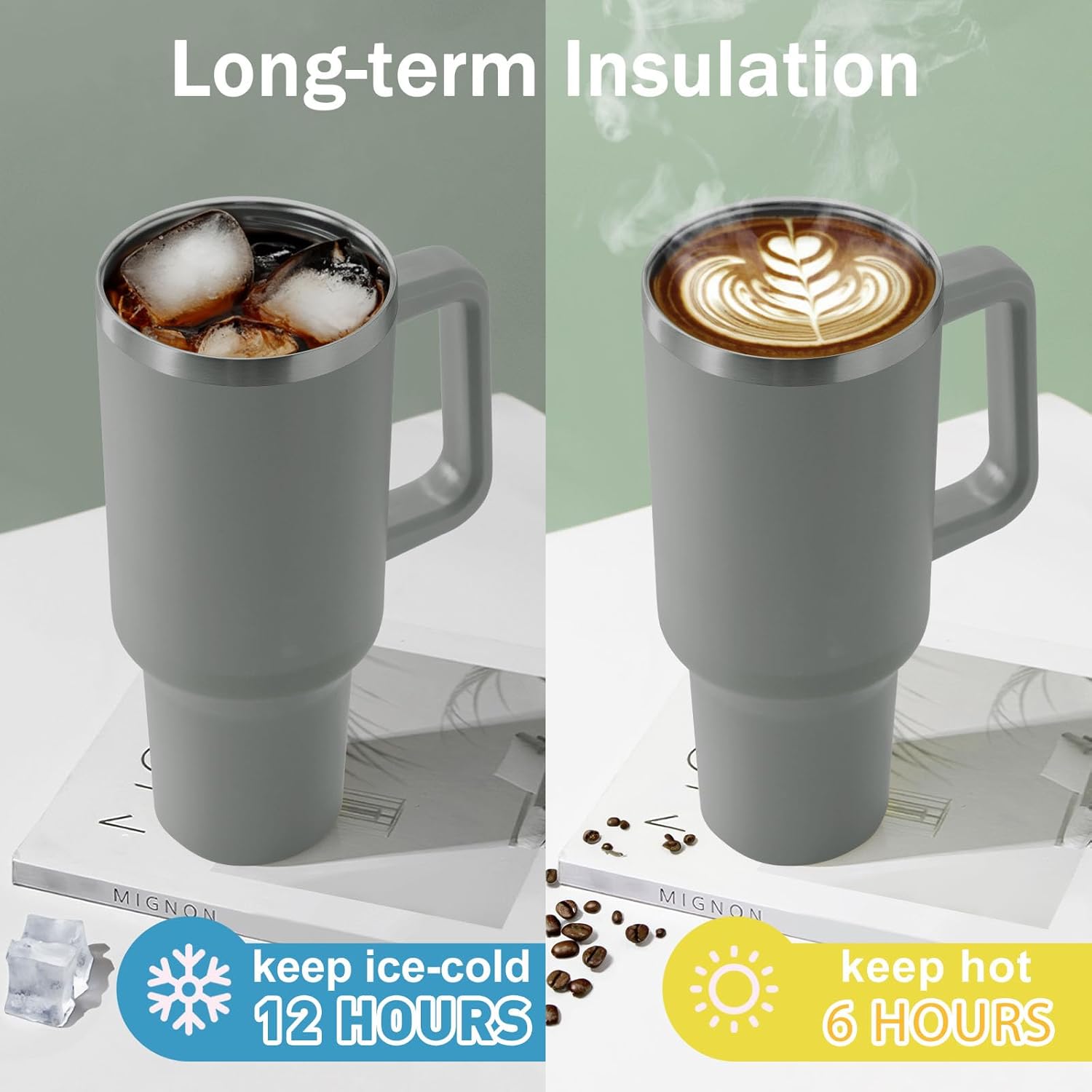 CusCosCes Vaso de 40 onzas con asa y pajita, taza de viaje de café para regalo, apto para portavasos y aislamiento a largo plazo, color gris