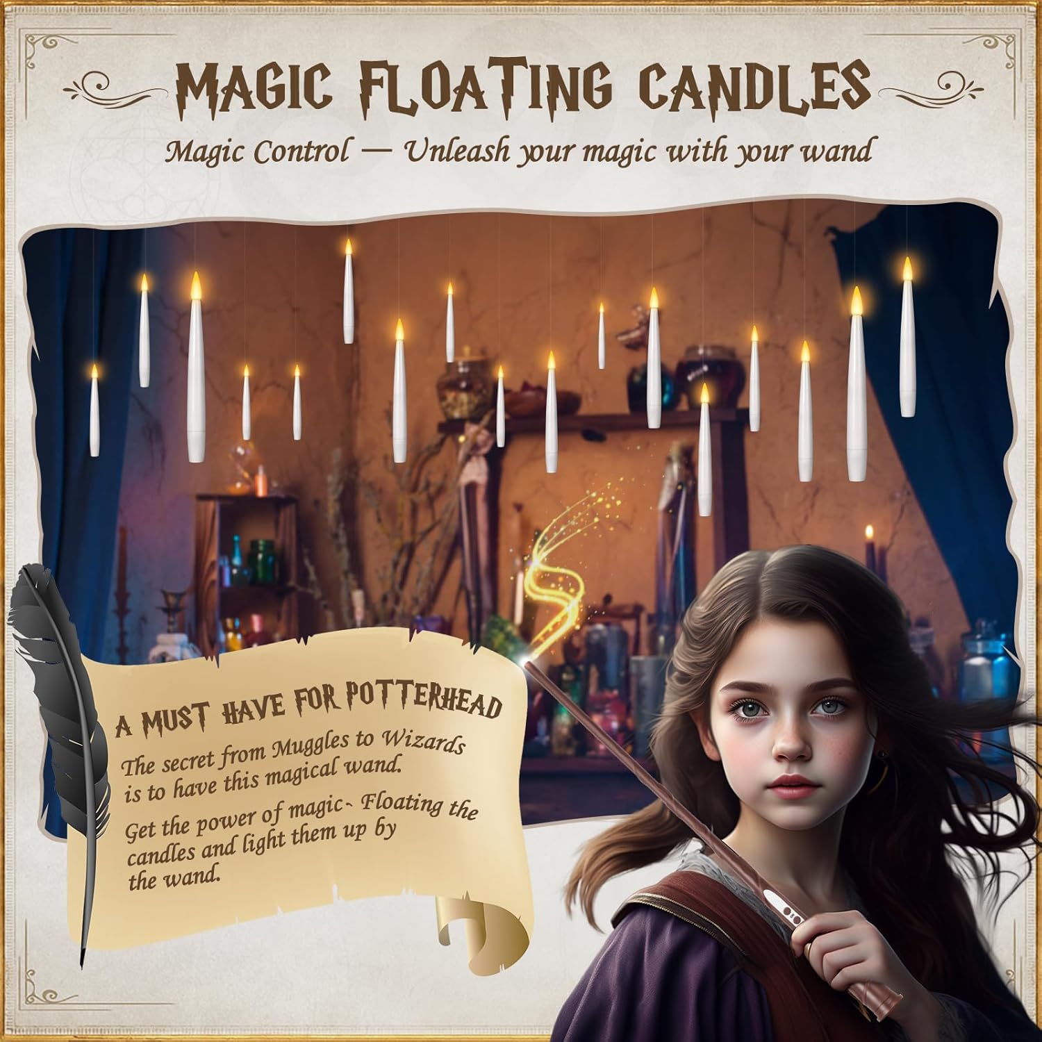 Velas flotantes con varita, 20 unidades, velas mágicas colgantes con cuerda parpadeante, luz cálida, velas LED sin llama con control remoto, luces