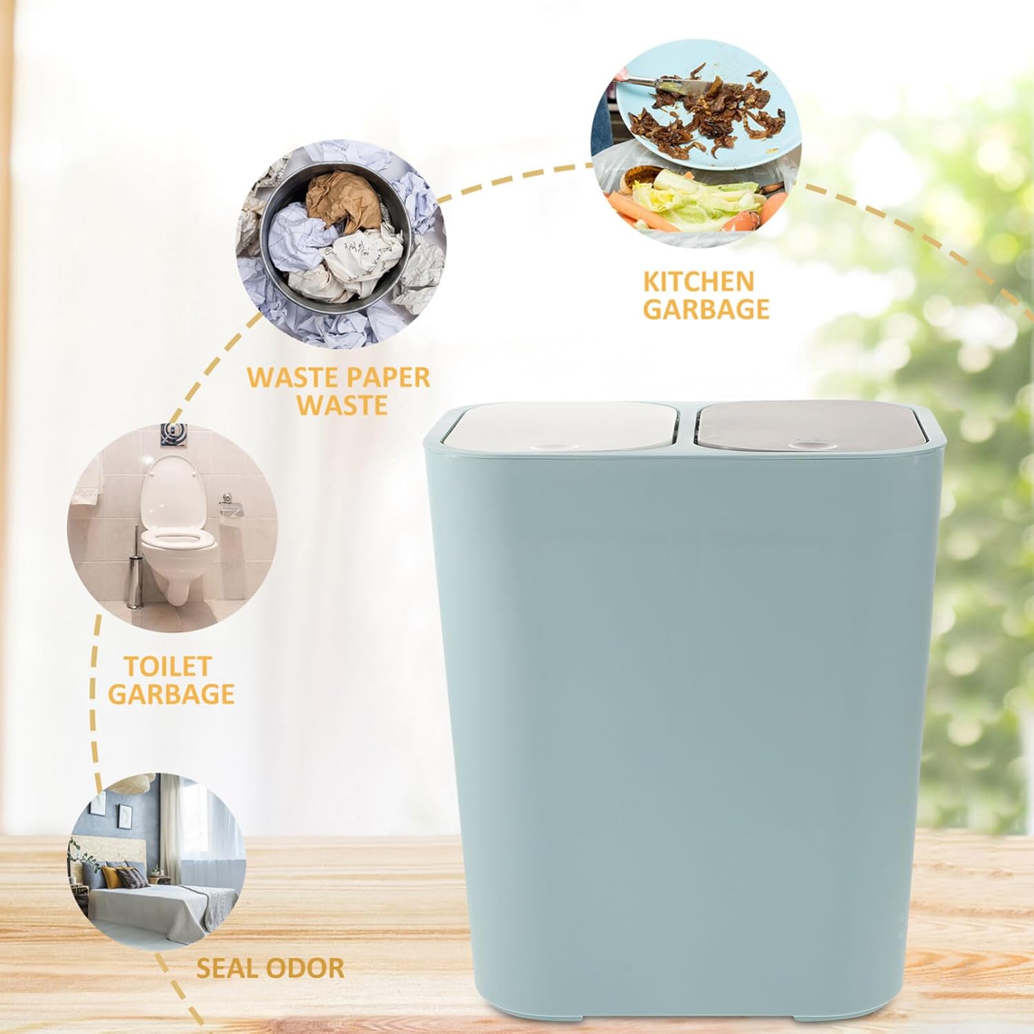 Zerodeko Cubo de basura clasificado húmedo y seco, cubo de basura con doble compartimento, contenedor de basura para reciclaje, cubo de basura para