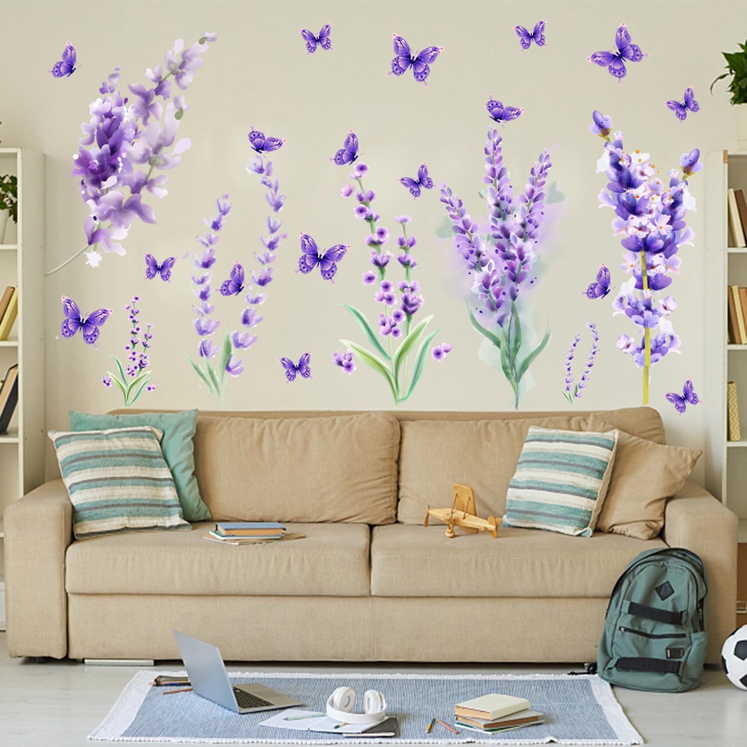 Payutou 2 hojas de calcomanías de pared de lavanda morada, flores, mariposas, bricolaje, acuarela, removibles, arte de pared para niños, niñas,