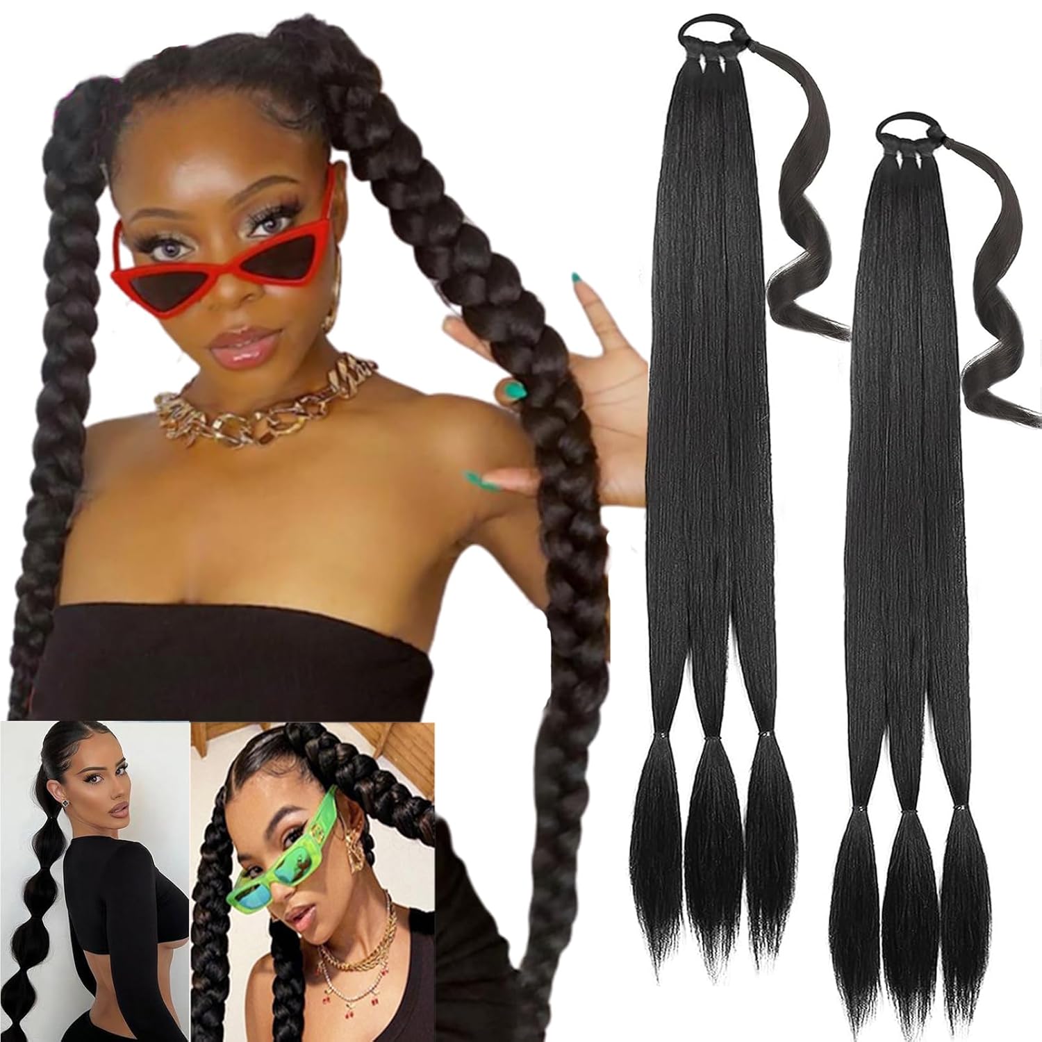 Extensión de cola de caballo, 2 unidades, extensión de cola de caballo larga trenzada con banda elástica para el cabello de 32 pulgadas, extensiones