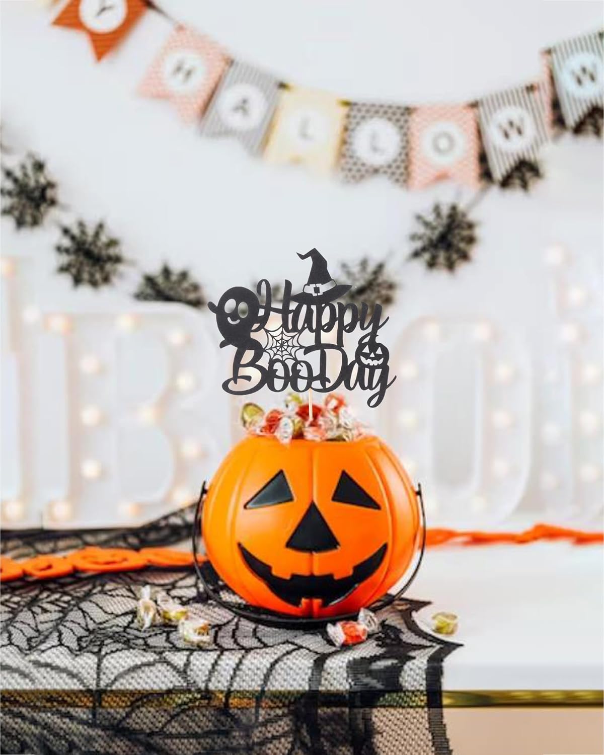 Decoración para pastel de Happy Boo Day  Decoración negra para pastel de fantasma, decoración de fiesta de cumpleaños de Halloween con purpurina