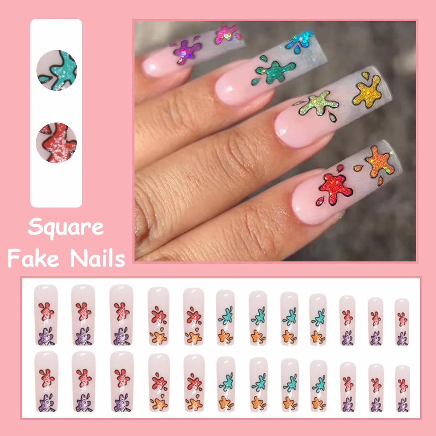 MISUD Uñas postizas largas cuadradas a presión, uñas postizas cuadradas brillantes con pegamento, uñas acrílicas cuadradas de gel blanco, uñas