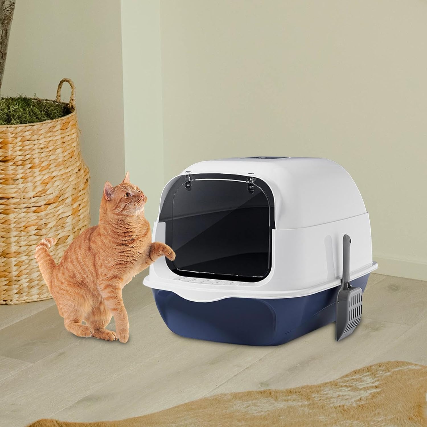 Caja de arena con capucha para gatos con tapa, orinal cerrado y cubierto, caja de arena para mascotas con tapa, color azul