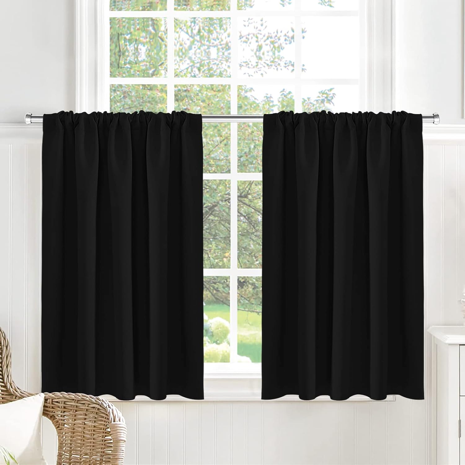 Yakamok Cortinas opacas negras  Cortinas de baño pequeñas con bolsillo para cortinero, cortinas de privacidad con aislamiento térmico para
