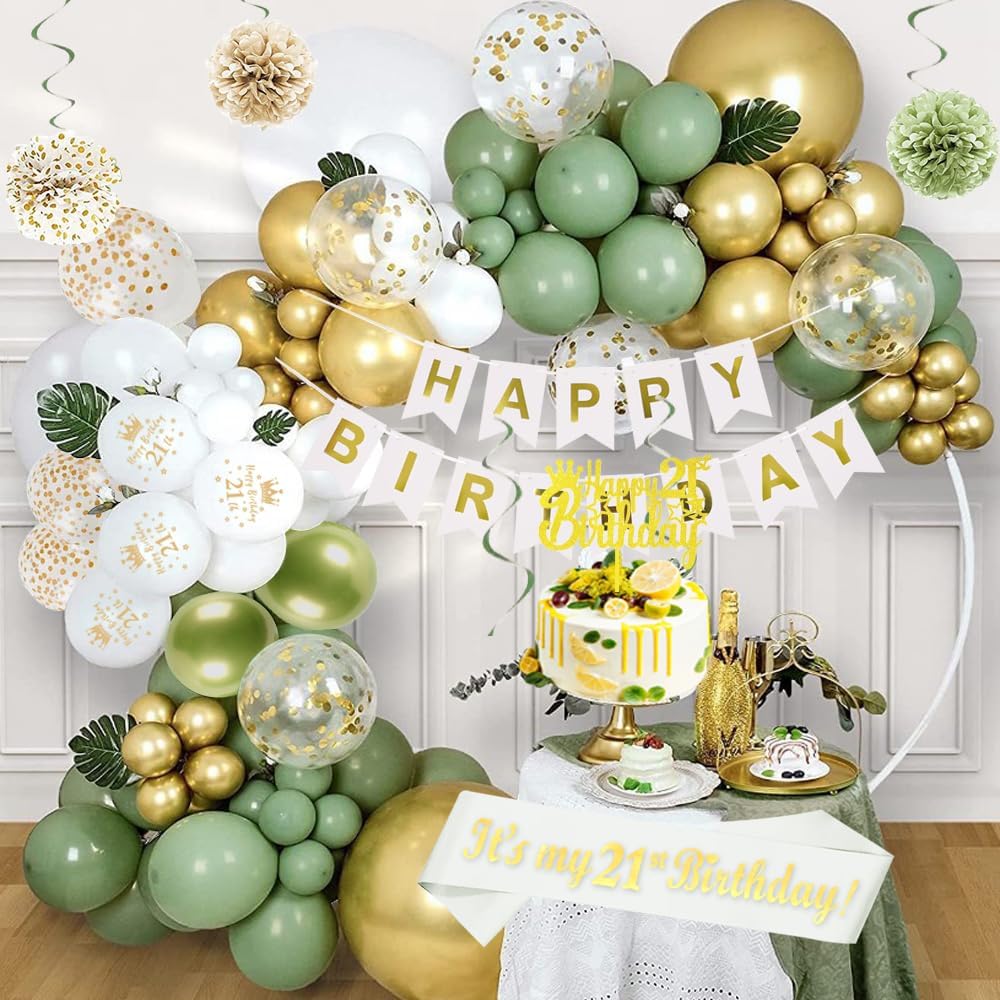 Decoraciones de cumpleaños 21 verde salvia para ella, juego de decoraciones de cumpleaños 21 verde oliva y dorado, pancarta de feliz cumpleaños,