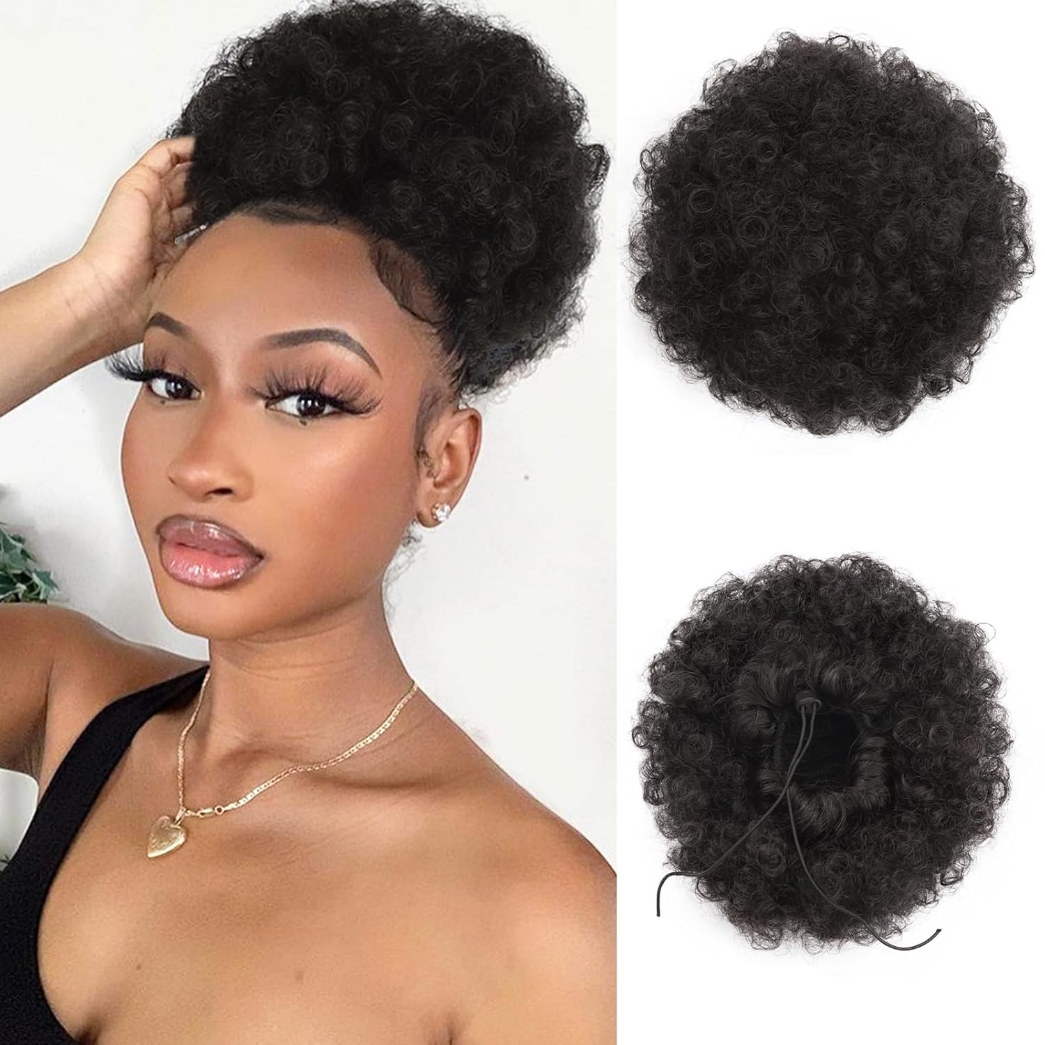 AISI QUEENS Peluca de cola de caballo rizada con cordón y clip para mujeres negras, sintética (mediana (paquete de 1), 2# (negro natural)