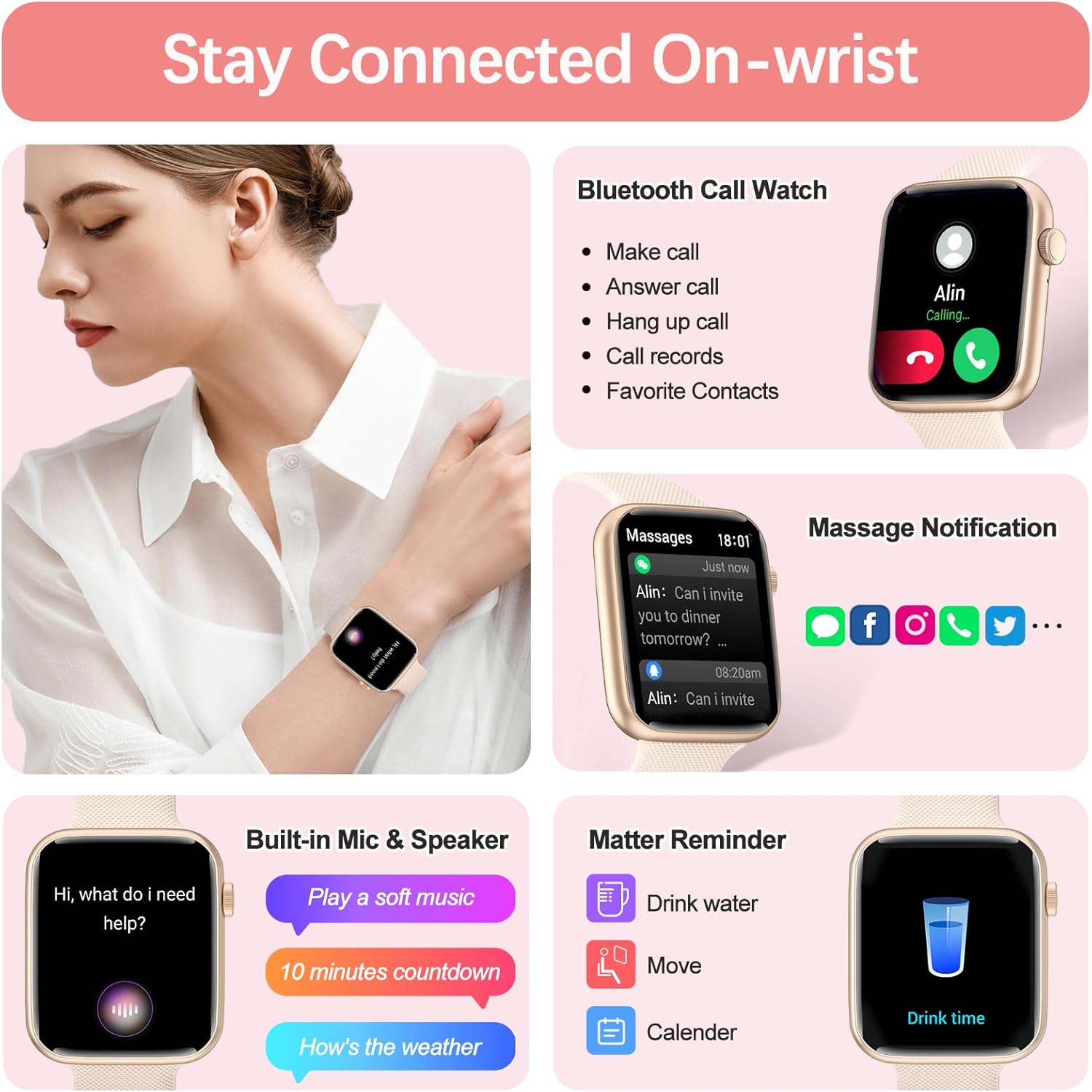 YoYoFit Reloj inteligente (respuestahacer llamadas), reloj inteligente de 1.85 pulgadas para mujer, rastreador de actividad física impermeable con