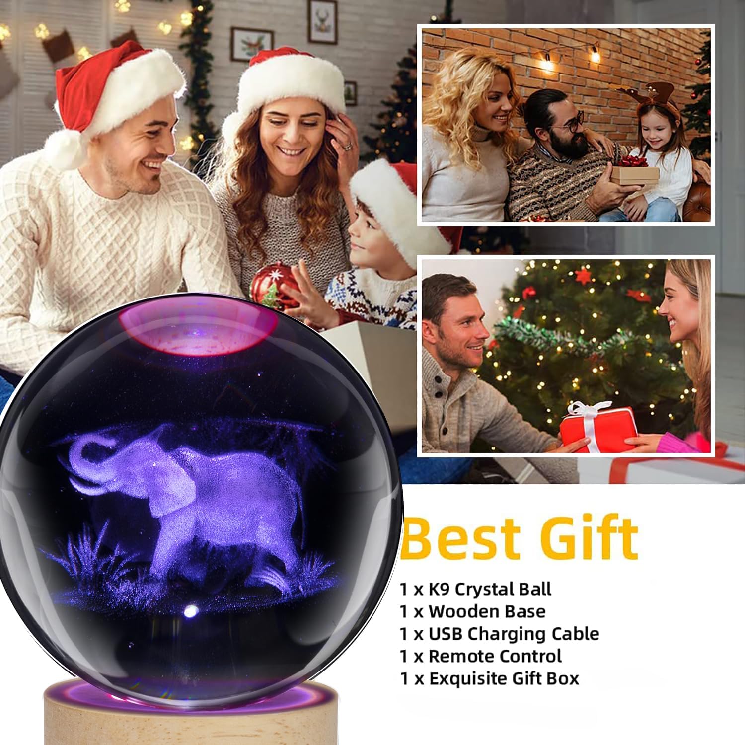 Lámpara de noche de elefante 3D para niños con base LED de madera, bola de cristal de 3.15 pulgadas, luz nocturna de 16 colores cambiantes con