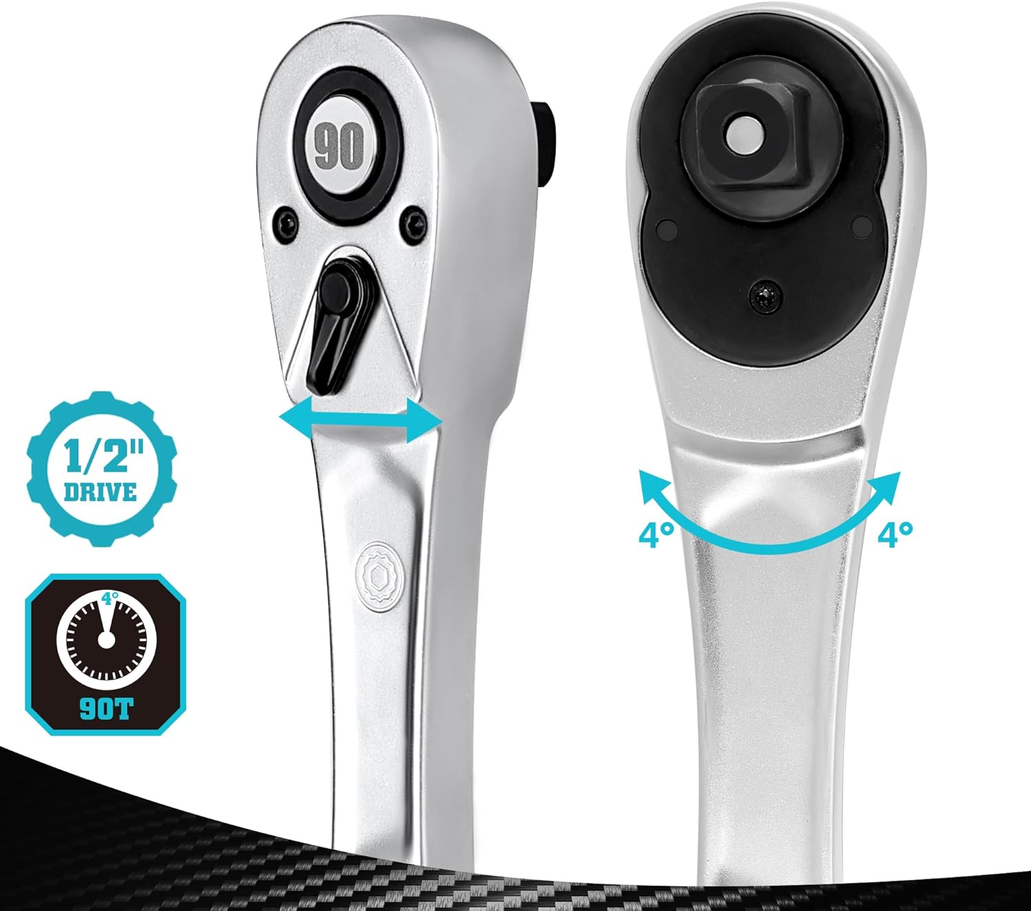 DURATECH Trinquete de accionamiento de 12 pulgada, llave de trinquete ergonómica de agarre suave de liberación rápida de 90 dientes, llave de vaso