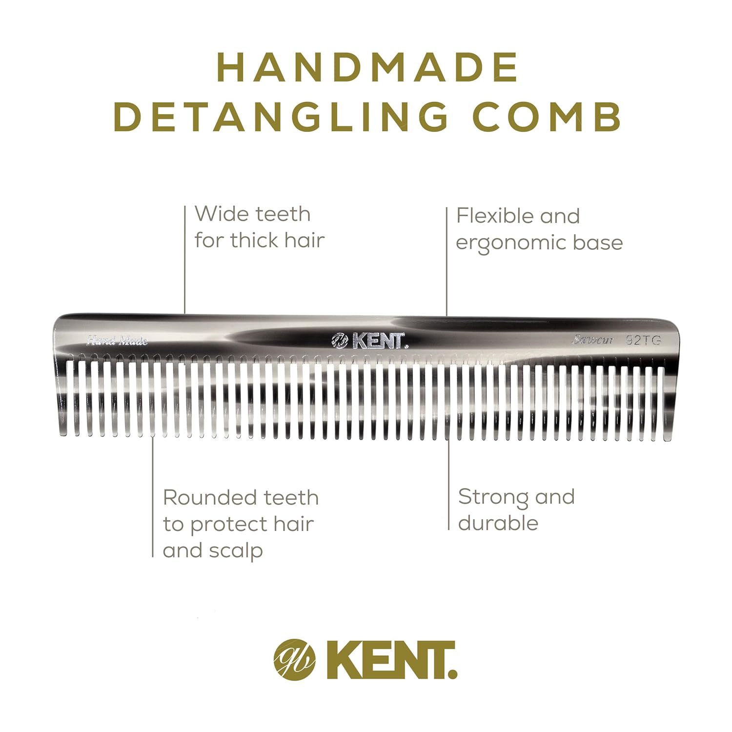 Kent 92TG – Peine desenredante de dientes anchos para cabello rizado, peine desenredante para todo tipo de cabello, peine de pelo para hombre y