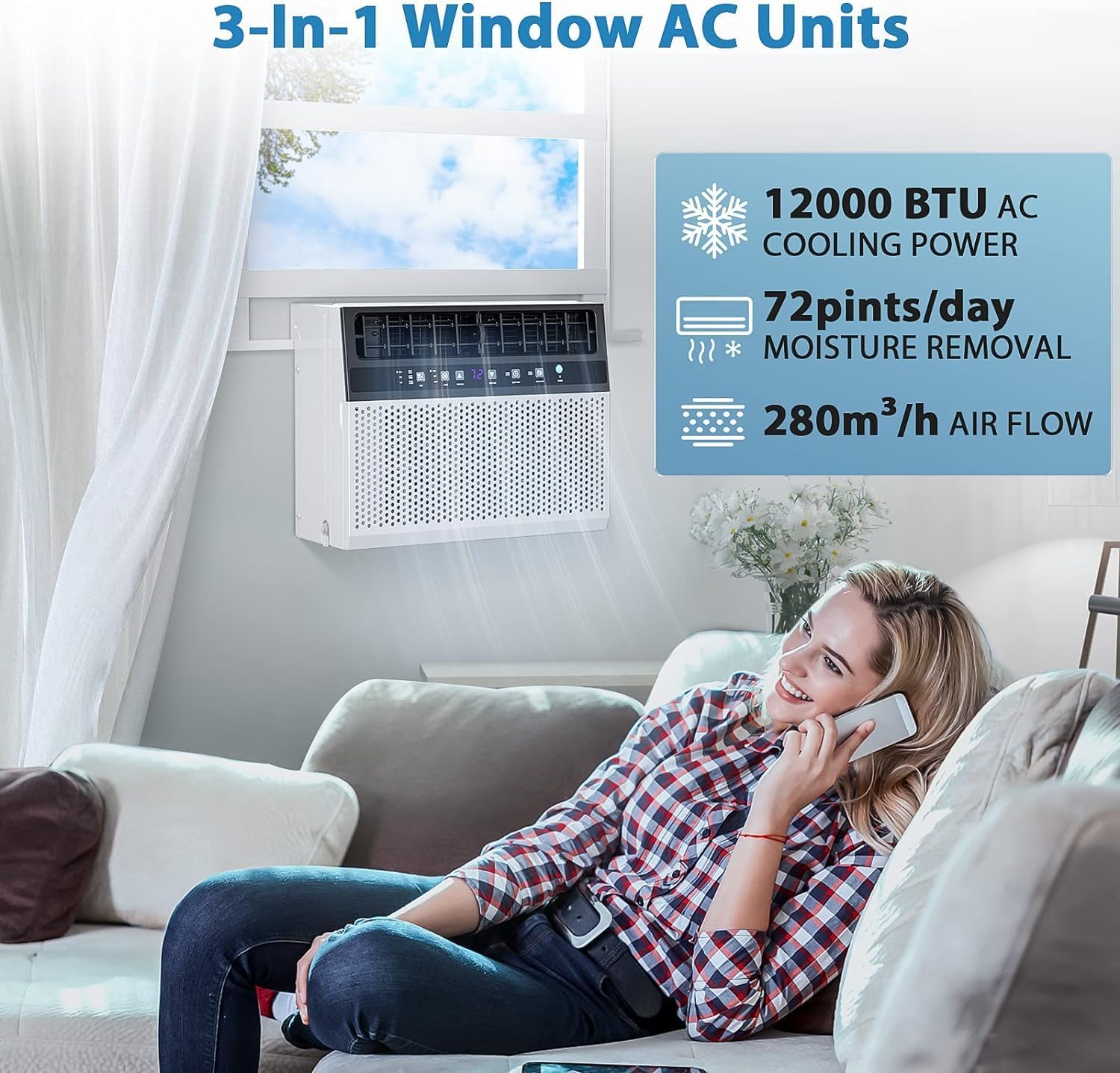 Joy Pebble Aire acondicionado de ventana de 12000 BTU, unidad de ventana de CA 3 en 1 para enfriar la habitación hasta 550 pies cuadrados,