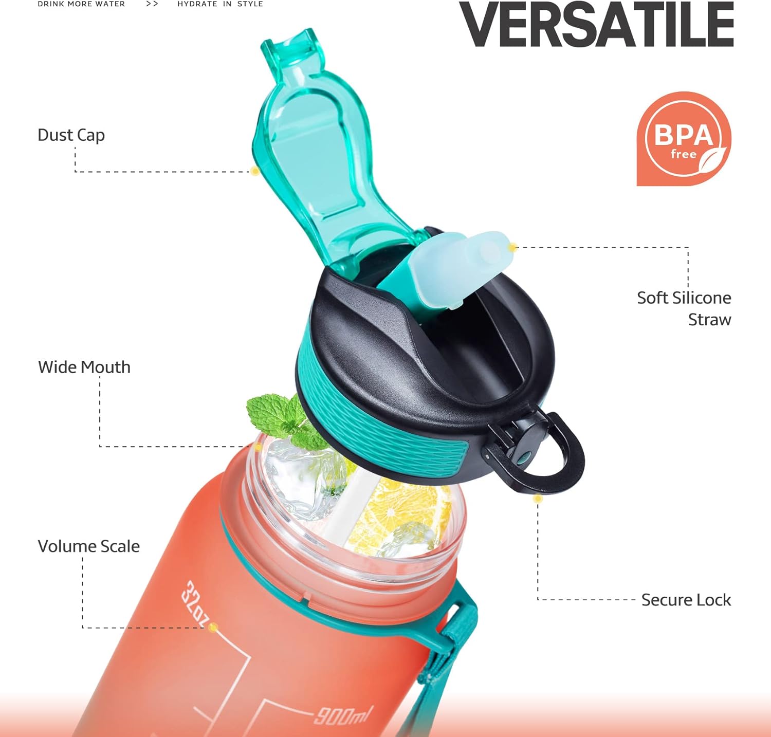 Venture Pal 22 oz 32 oz Sports Water Bottle with Time Marker, Carry Strap and Cleaning Brush – BPA Free, Leak Proof, Straw Lid – Perfect for Fitness