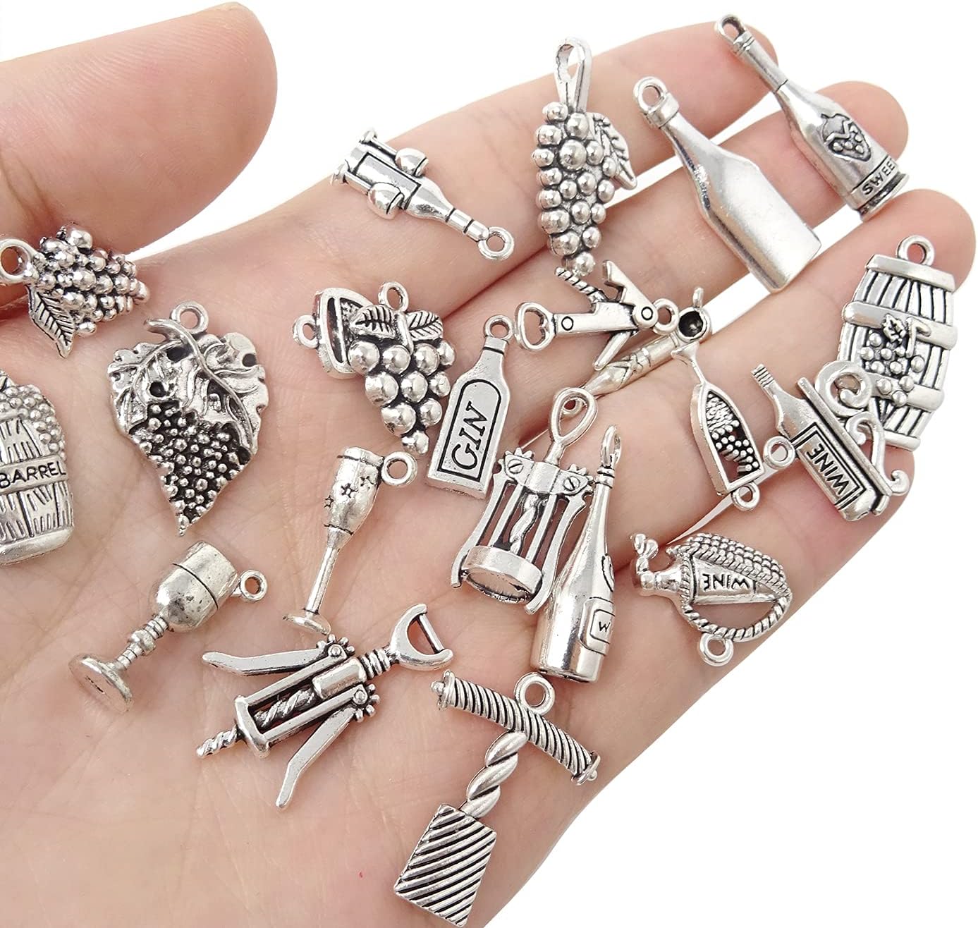 Honbay 46 dijes de metal con temática de vino, plata antigua, vino, uva, copa de cóctel, abridor de botellas de vino, dijes de barril para