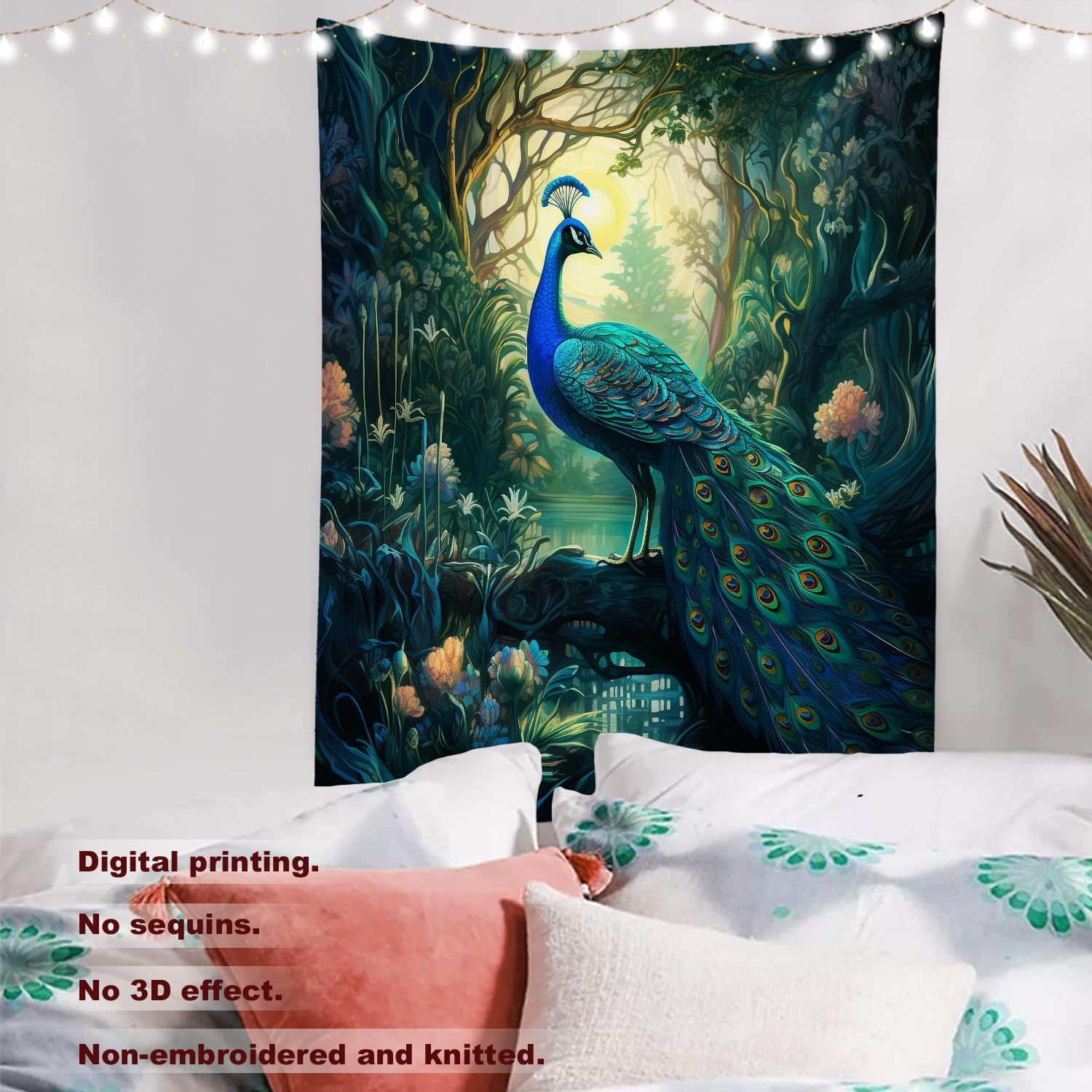 Batmerry Tapiz turquesa pavo real, hojas verdes, torre de templo natural, arte de pared, decoración para colgar, fibra de poliéster, blanco con