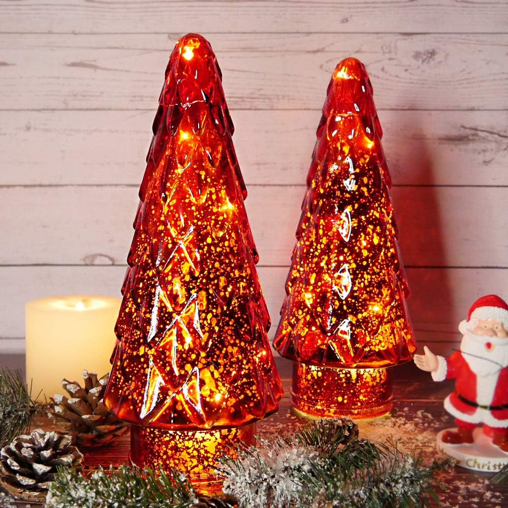 Árbol de Navidad de vidrio de mercurio, paquete de 2 decoraciones iluminadas para árbol de Navidad, centro de mesa de vacaciones, funciona con pilas