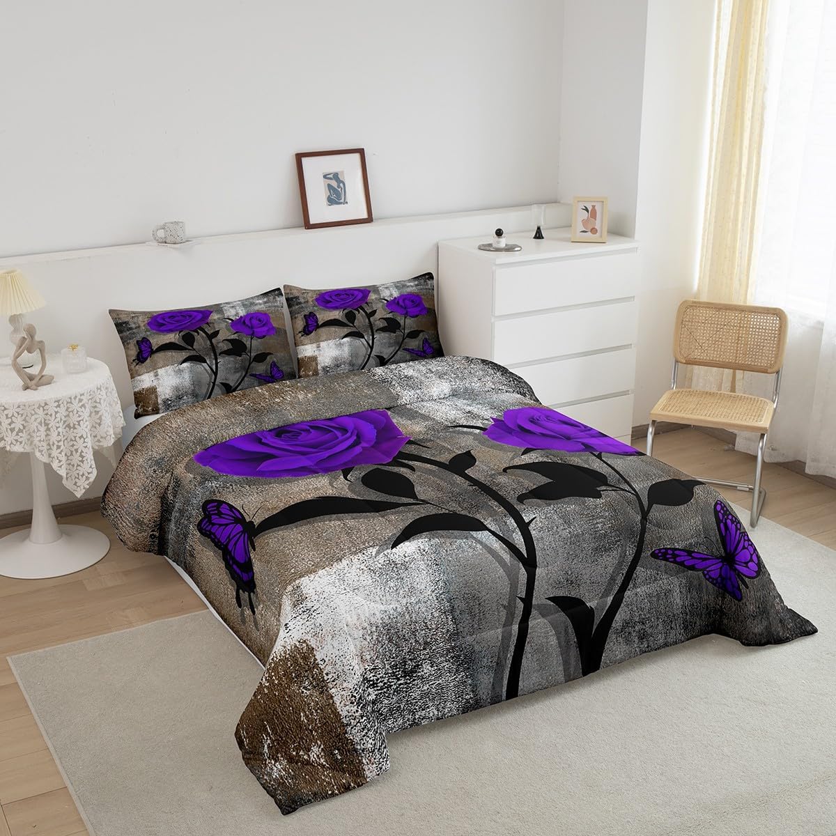 Erosebridal Juego de edredón de acuarela tamaño Queen, juego de ropa de cama de color marrón grunge y blanco degradado para adultos, romántico