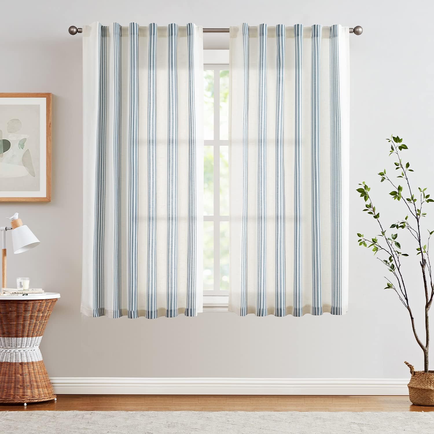 jinchan Cortinas de lino a rayas de 63 pulgadas de largo para sala de estar, cortinas semitransparentes con pestaña trasera, filtrante de luz,