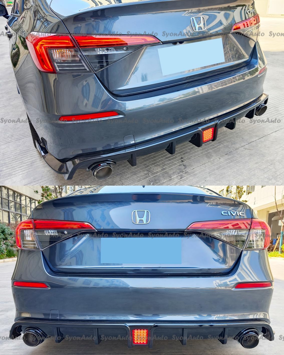 Compatible con difusor trasero de aleta de tiburón negro brillante Honda Civic Sedan 2022-2024 con luz de freno LED y divisores laterales