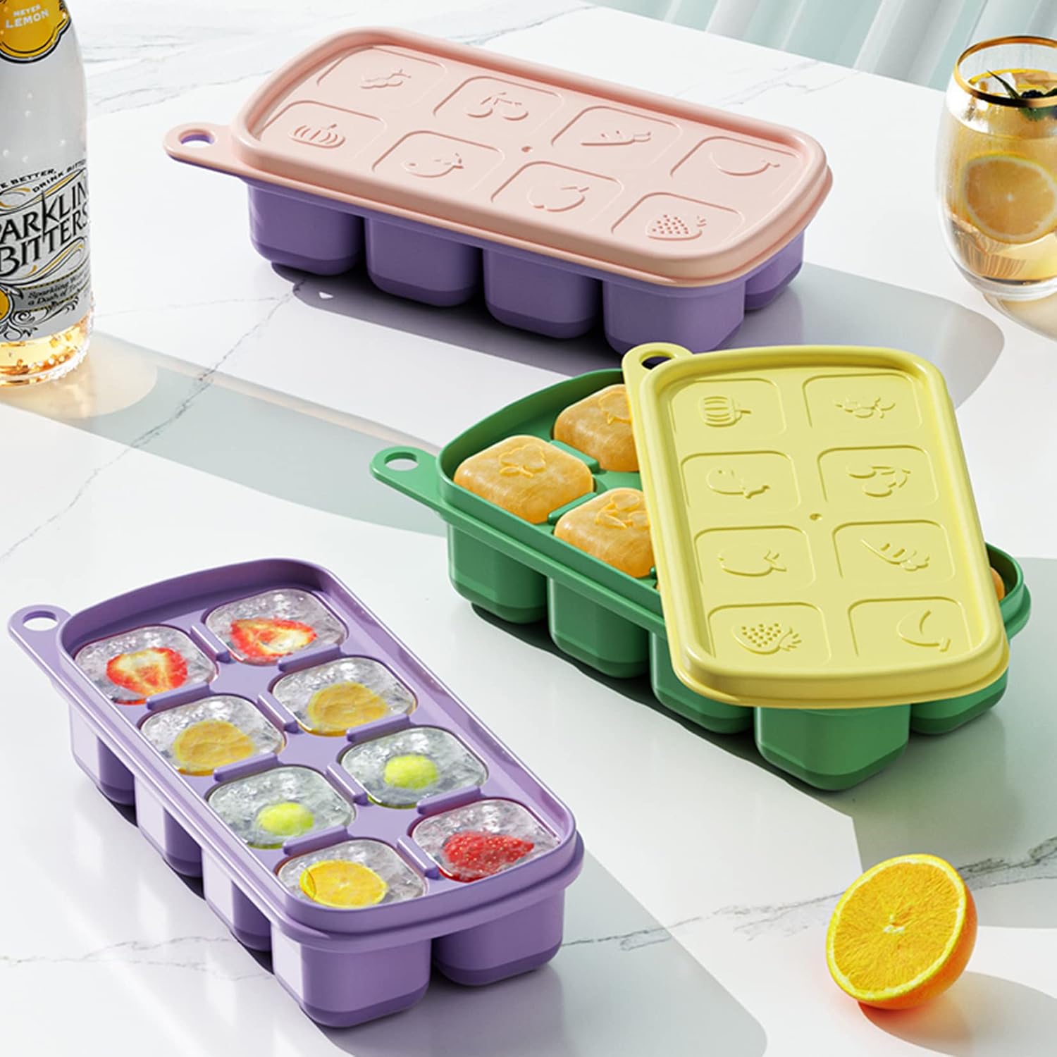 Molde para cubitos de hielo pequeño, paquete de 3 (24 cubos de 1.1 pulgadas), bandejas cuadradas para cubitos de hielo de 0.7 onzas con tapa, sin