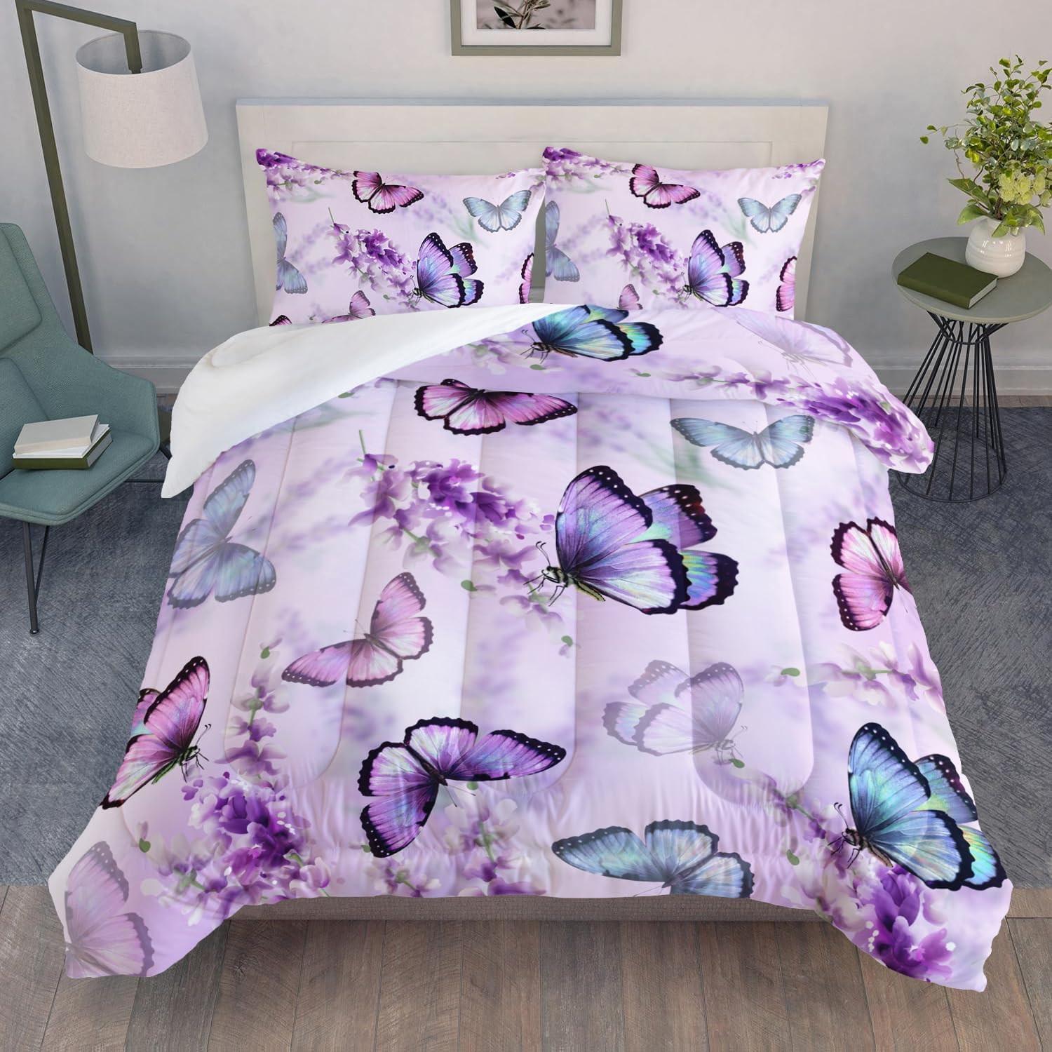 Juego de edredón de mariposa lavanda para niñas y adultos, juego de ropa de cama con patrón de mariposa colorido, juego de cama de mariposas