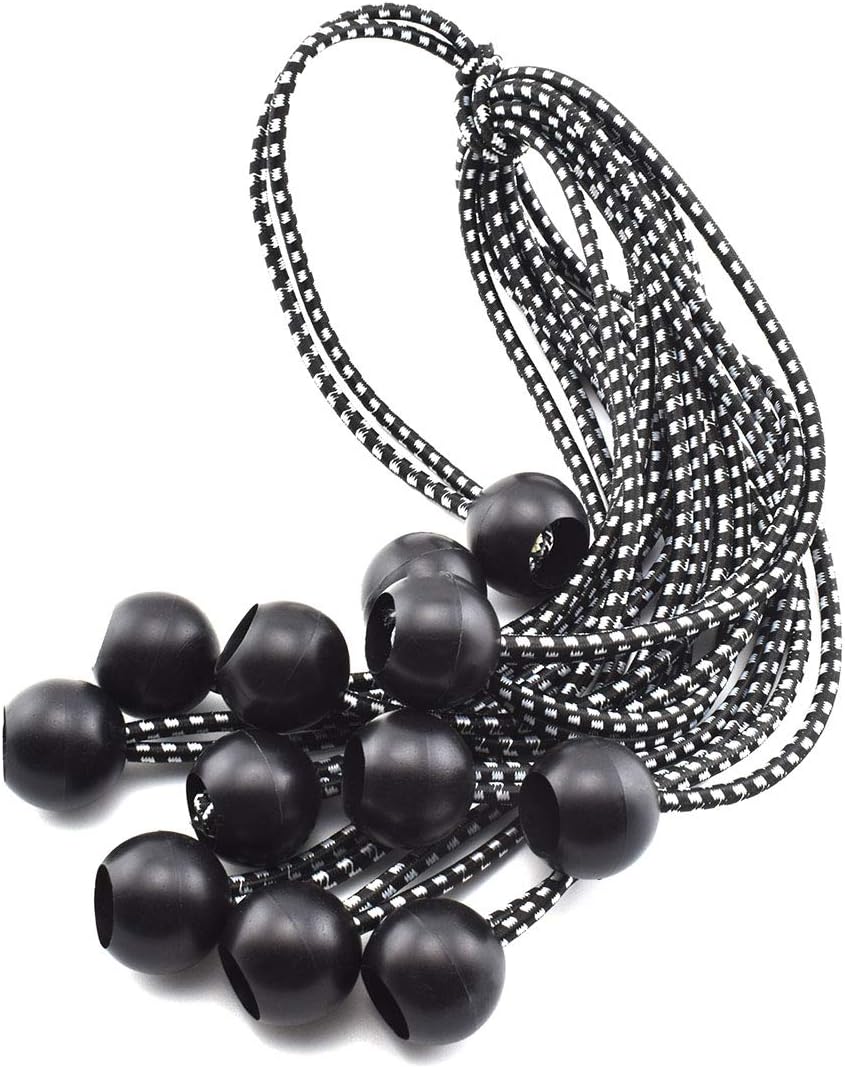 Cuerda elástica con bola, SDTC Tech de 10 pulgadas, paquete de 12 correas elásticas de amarre para tiendas de campaña, lonas, etc. – Negro